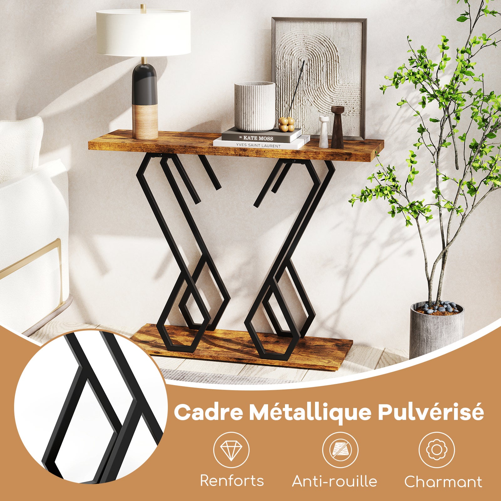 Stolik konsolowy, mebel do przedpokoju z półką, złota metalowa rama, zestaw zabezpieczający przed przewróceniem w zestawie, 100 x 30 x 80 cm, brązowy - 8