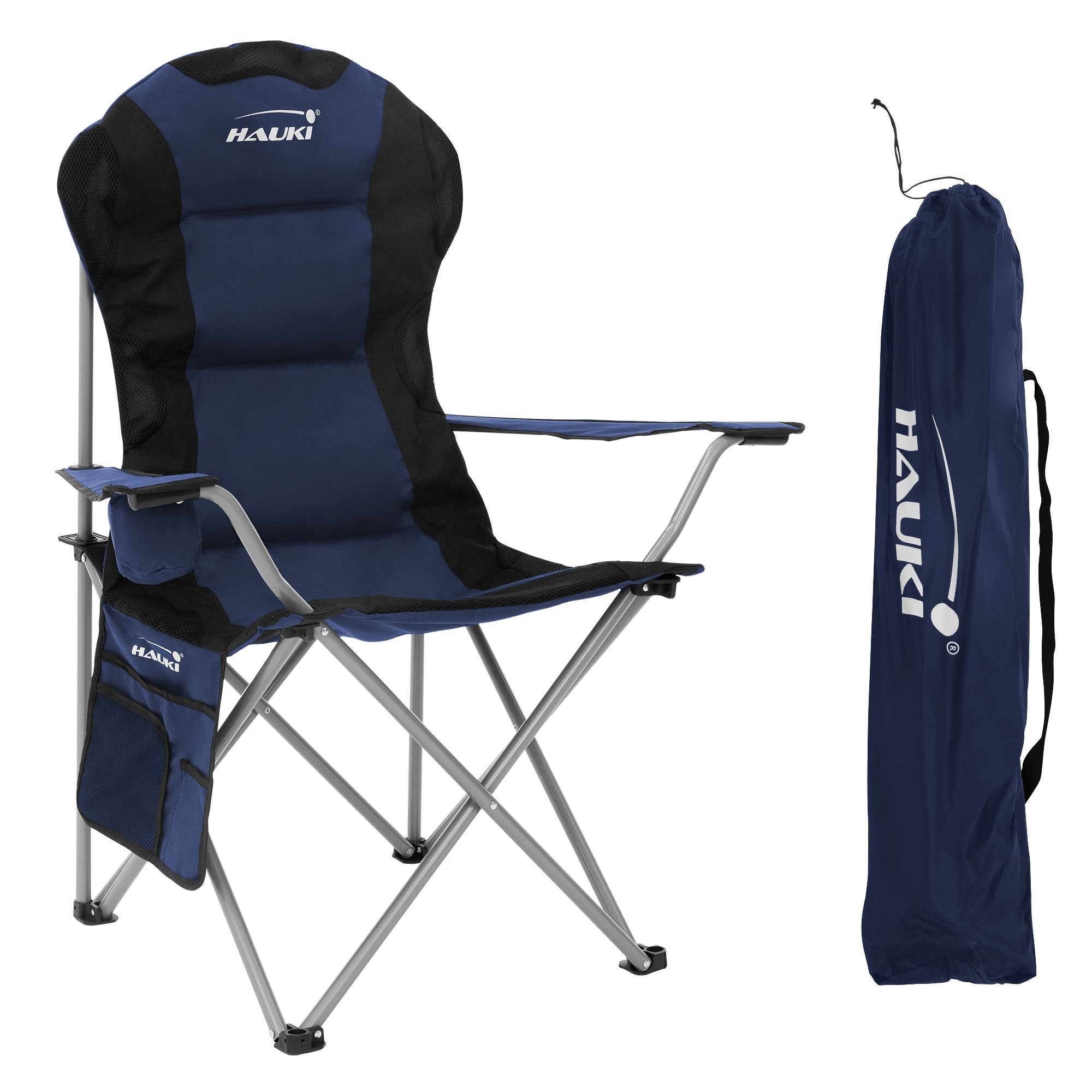 Scaun pliabil de camping Hauki, cadru din oțel, căptușit, cu suport pentru pahar, buzunar lateral si spătar înalt, scaun de pescuit albastru/negru