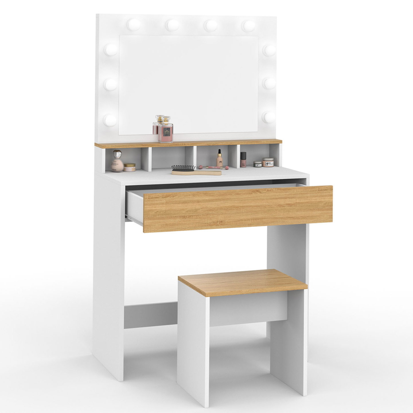 Coiffeuse ZELIA blanc et hêtre miroir LED avec 4 niches, 1 tiroir et tabouret - 2