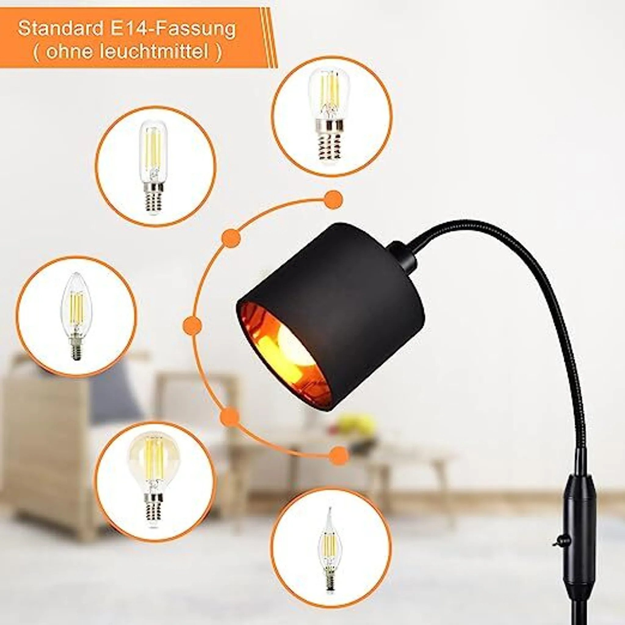 NETTLIFE Czarna lampa podłogowa do salonu w stylu vintage, nowoczesna tkanina podłogowa z kątem obrotu 360°, przełącznik kołyskowy E14, bez żarówki. - 5