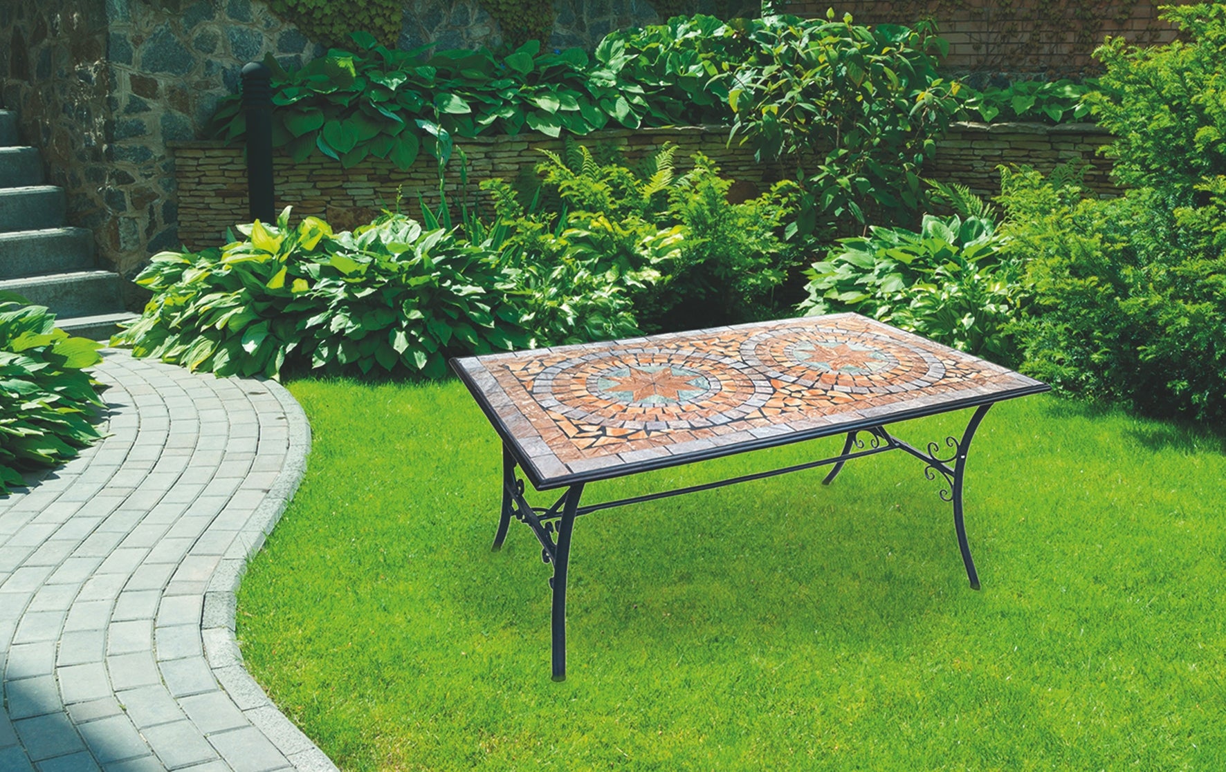 Tavolo da esterno rettangolare in ferro e cemento, decoro mosaico 145x83 cm, Cipro Este' - 4