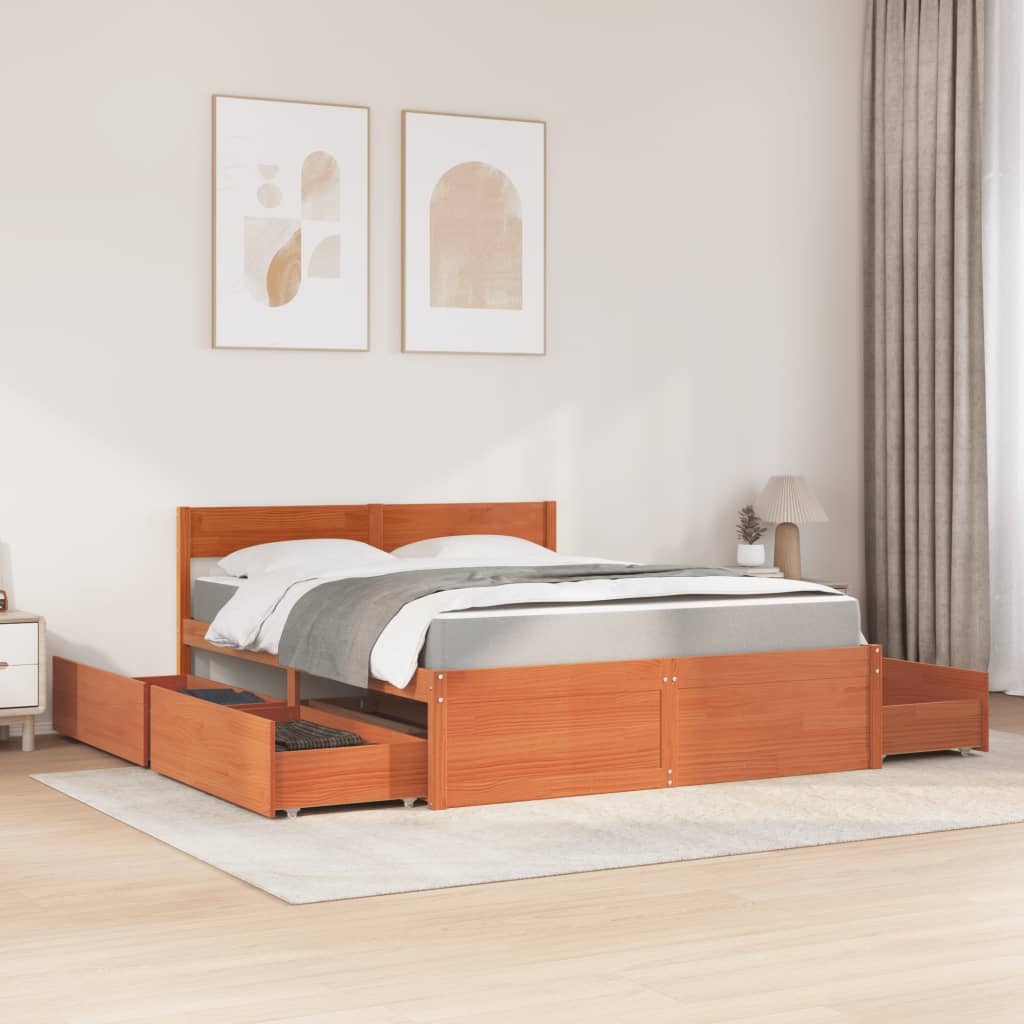 Lit avec tiroirs et matelas, bois massif de pin, cire marron, pour la chambre, 160 × 200 cm - 3
