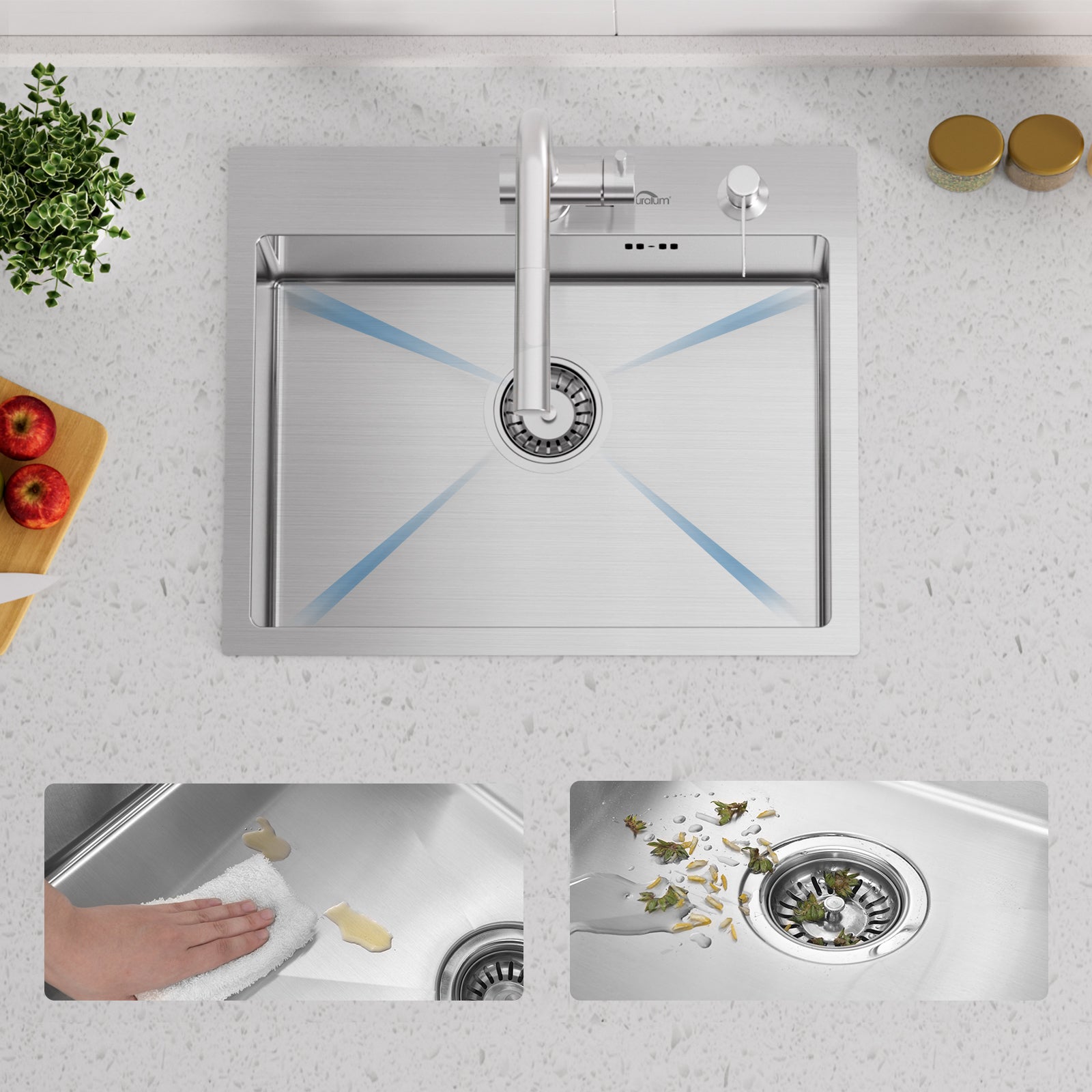 Évier Cuisine 1 Bac 55x45CM Évier à encastrer avec Distributeur Savon,Siphon/Trop-Plein Évier Inox Brossé pour Table à partir de 60 cm,EU Modèle - 6