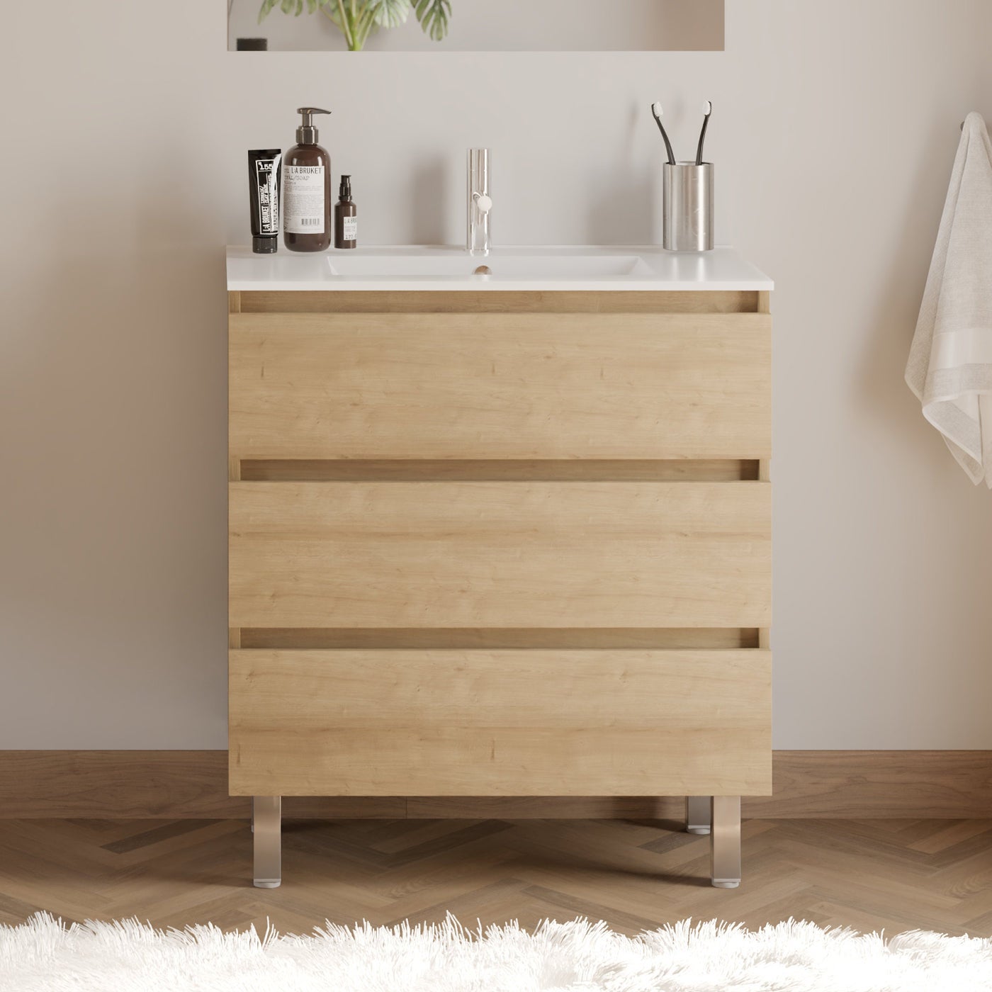 Meuble de salle de bain 60cm simple vasque - 3 tiroirs - nebraska&nbsp;(bois clair) - MAYOR - 2