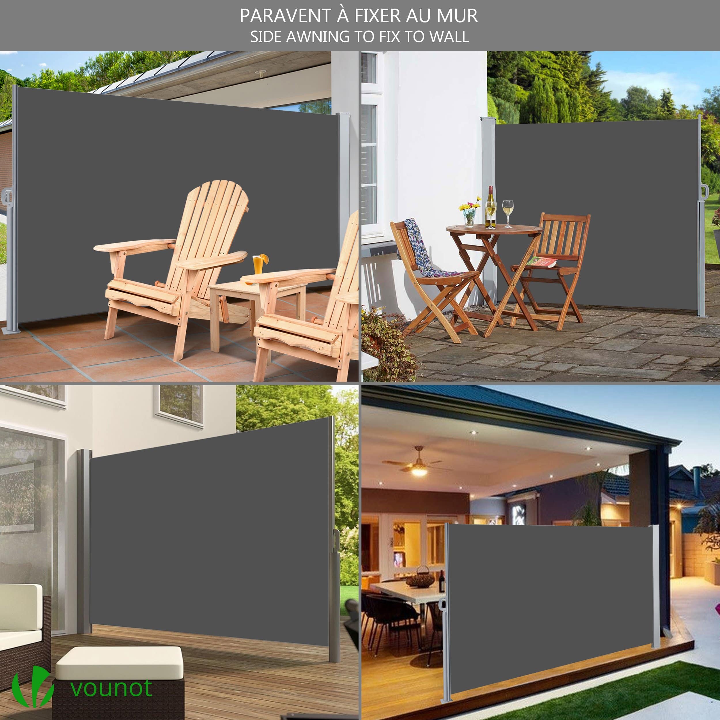 VOUNOT® Paravent extérieur rétractable 160x300cm avec housse de protection - gris - store latéral vertical brise-vue - 2