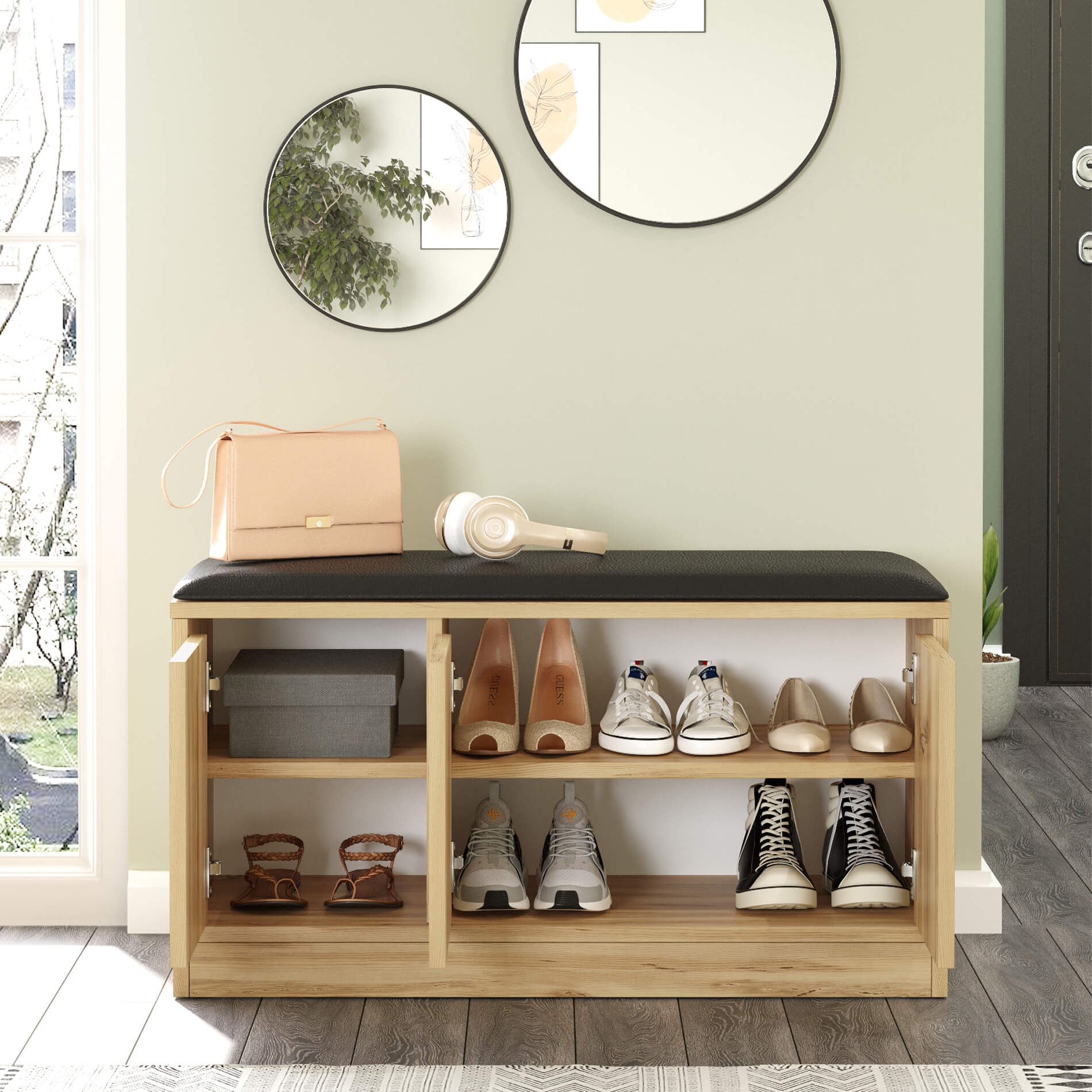 Banc à chaussures Rebecca Mobili Salasal 46x89,5x35,5 Panneau de particules Simili-cuir Chêne clair Gris Foncé Moderne - 3