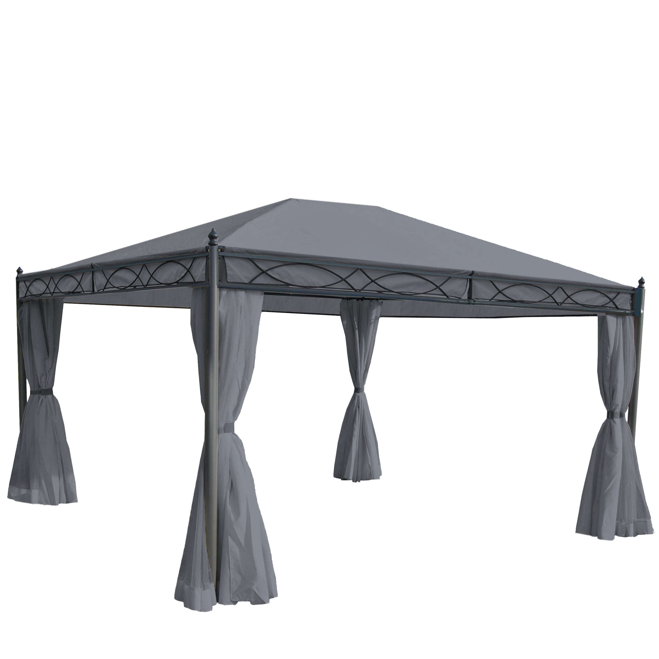 Pergola Cadiz, pawilon ogrodowy, solidna rama 7 cm ze ścianą boczną + moskitiera ~ szary 4x3m