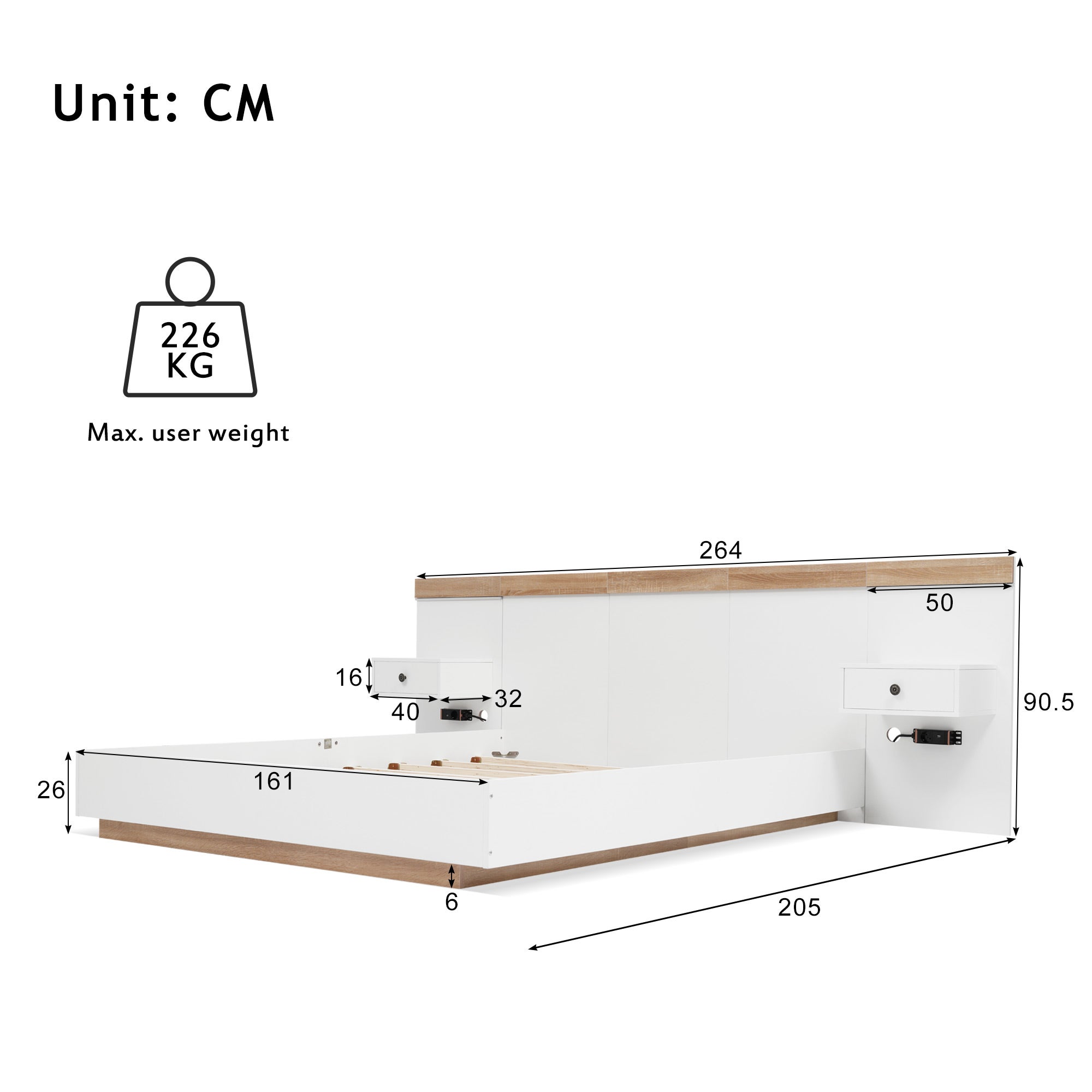 Łóżko dla dorosłych 160x200 cm z drewna z wiszącymi szafkami nocnymi + gniazda LED i USB + stelaż z listew - białe - 8