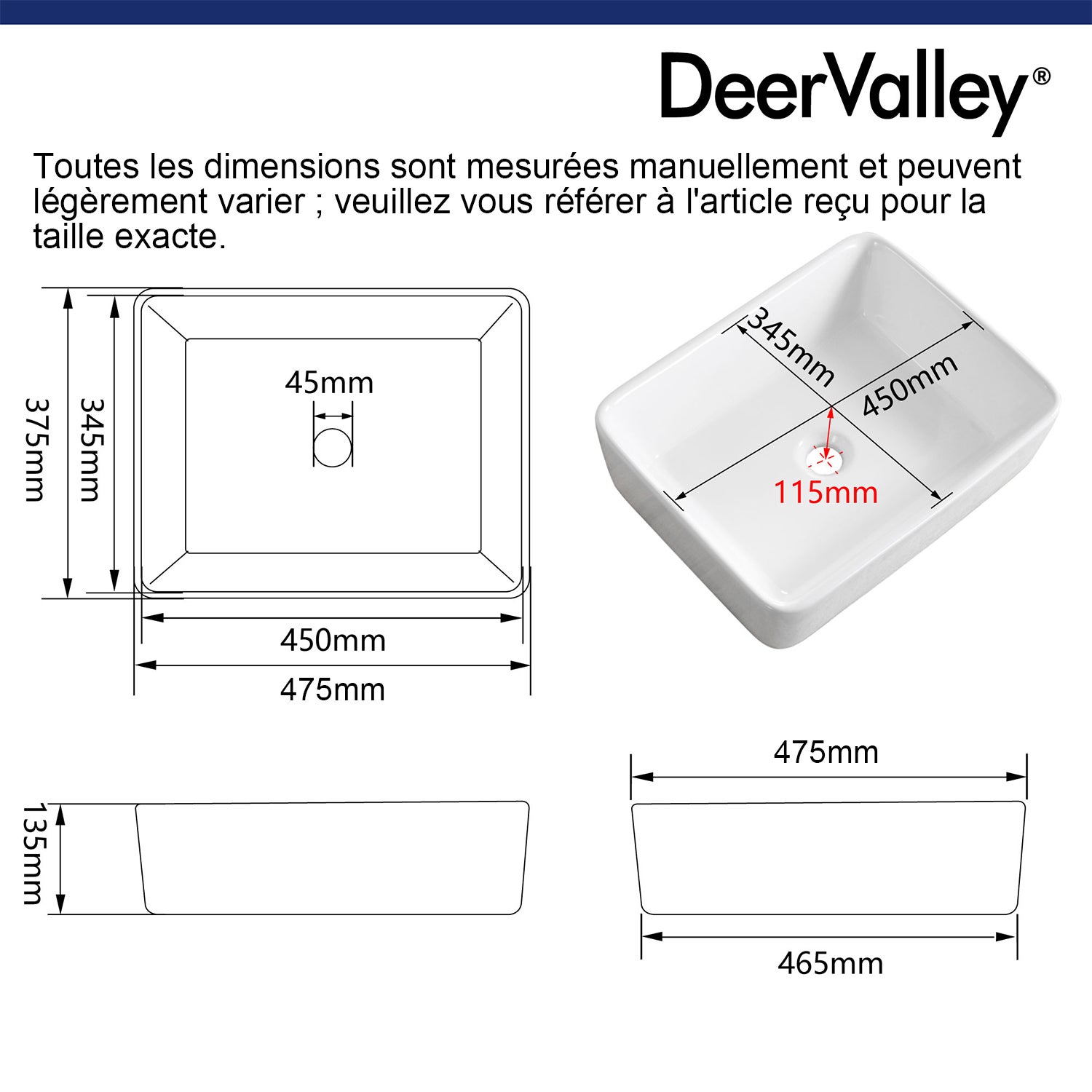 Vasque à Poser Salle de Bain - Vasque à Poser Rectangulaire en Céramique Blanc - 47.5 x 37.5 x 13.5cm, DeerValley - 2