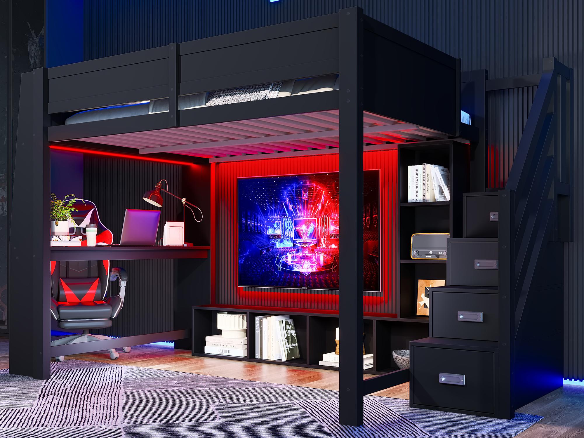 Łóżko piętrowe 140x200cm - z oświetleniem LED - z biurkiem - drabinka - MDF - czarne (materac nie jest wliczony w cenę)