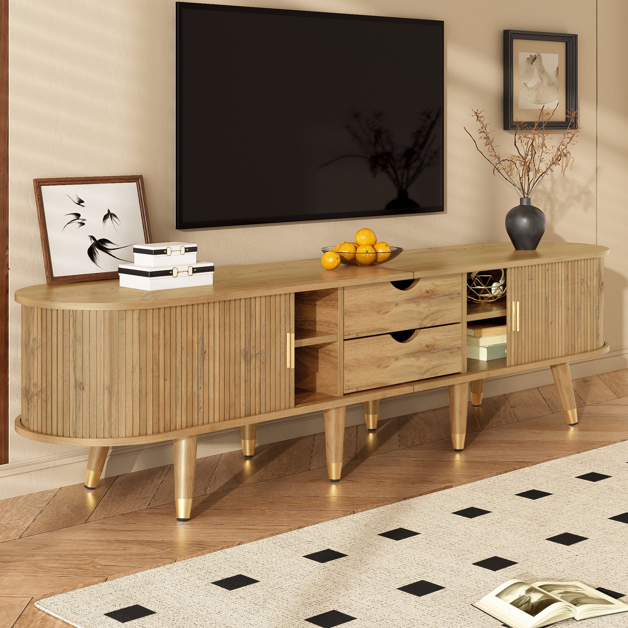 Stolik pod telewizor w stylu rustykalnym 175 x 38 x 45 cm - 2 drzwi przesuwne i 2 szuflady - Wykończenie drewniane - Płyta MDF - Naturalny - 9