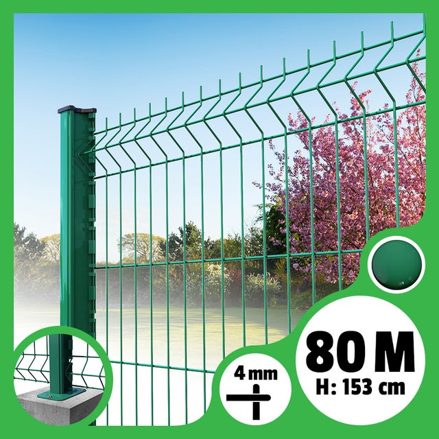 Kit grillage rigide poteaux H - longueur 80 mètres - 153 cm, Vert, A visser ( platines fournies )