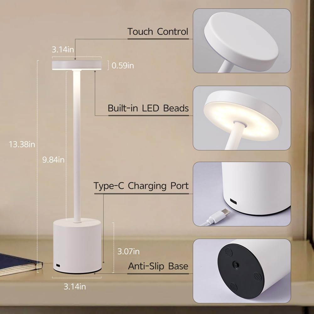 Zestaw 2 bezprzewodowych lamp stołowych LED z akumulatorem 1200 mAh, w kolorze srebrnym, z 3 regulowanymi poziomami kolorów do czytania/restauracji - 7