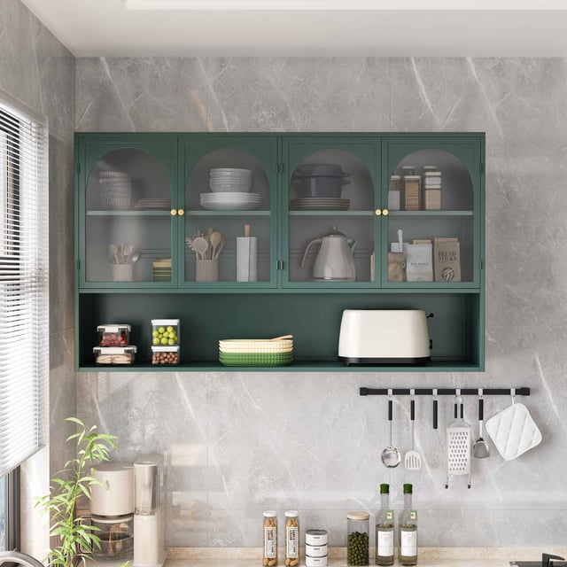 Armoire Murale en Verre à Quatre Portes, 120CM, Rangement Vertical pour Cuisine, Salon, Salle de Bain (Vert Foncé)