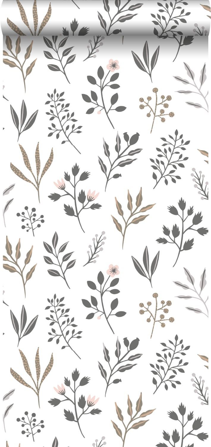 Papel pintado diseño floral en estilo escandinavo blanco - 0,53 x 10,05 m - estahome