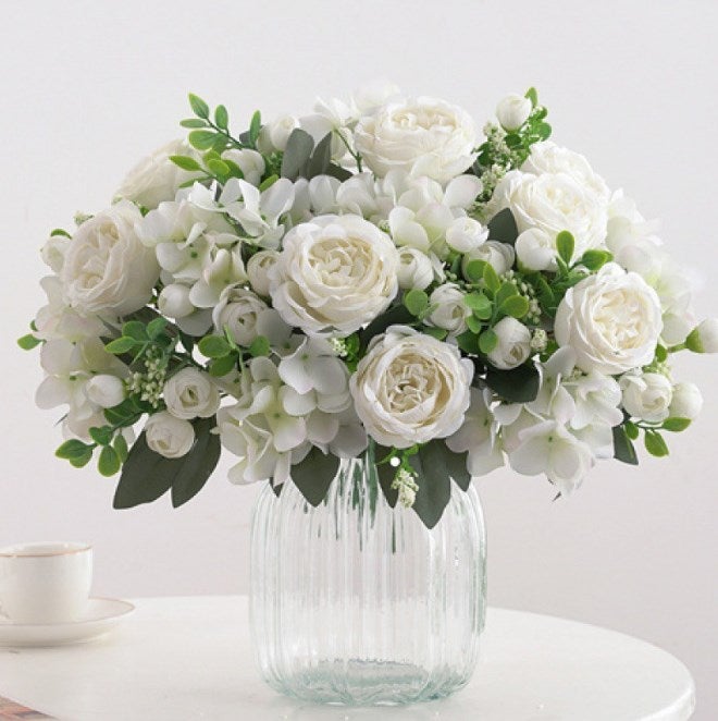 6 pannelli da parete di rose artificiali, 60 x 40 cm, fiori di seta, fiori artificiali, giardino, balcone, matrimonio, strada, decorazione (rosa e bianco