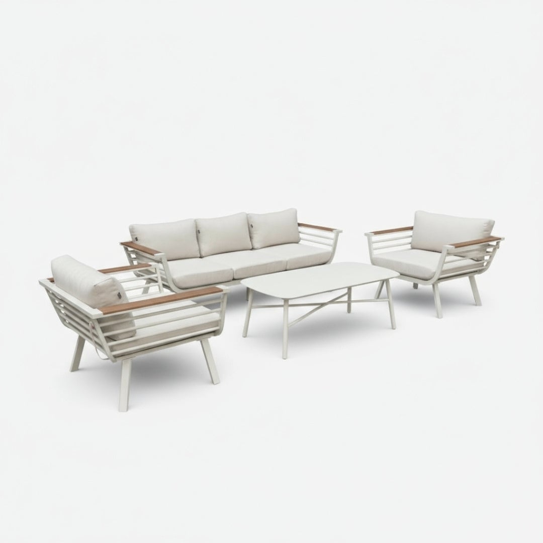 Conjunto de jardín TORONTO 4 piezas aluminio blanco y madera sintética con sofá, sillones y mesa - 2