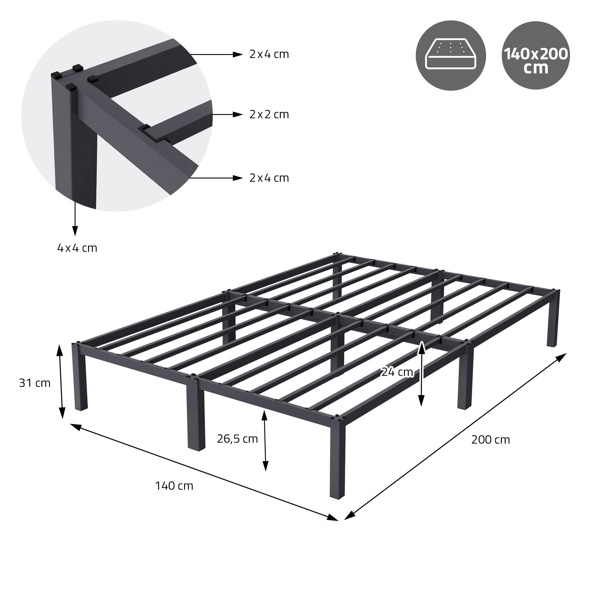 Fixwal Telaio Letto Singolo In Metallo Con Luci LED RGB, Stazione Di Ricarica Con Prese E Porte USB, Struttura Robustra, Capacità 226kg, Nero - 4