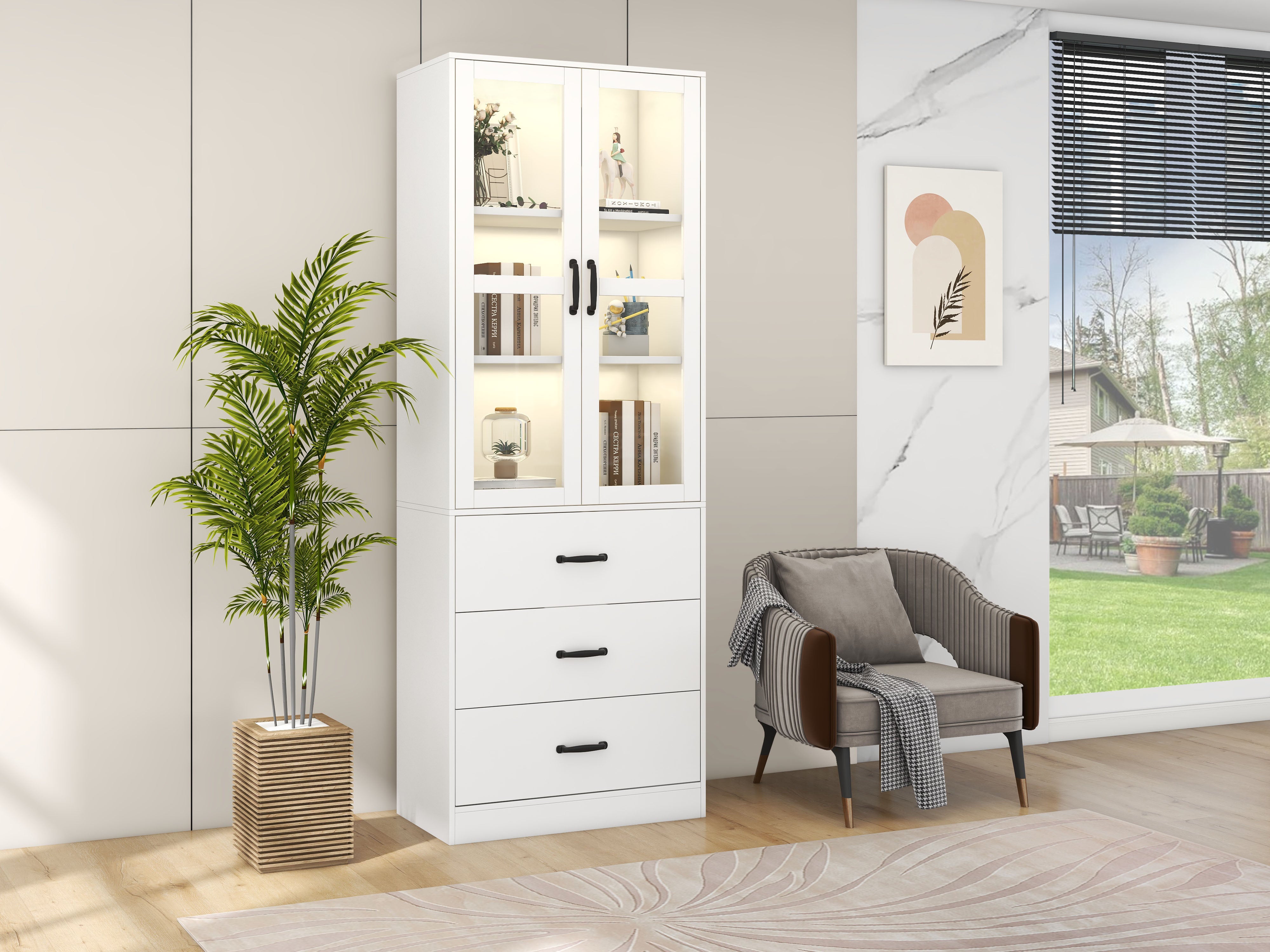 Hauss Spole  Vitrina Combinada Moderna, Mueble De Almacenaje Con Iluminación Led, 60X40x200cm, 2 Puertas, 3 Cajones, Mdf, Blanco , Leroy Merlin