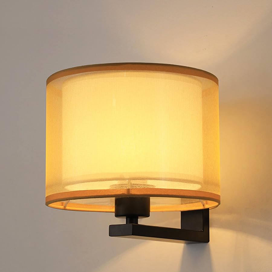 Kinkiet z abażurem z tkaniny, kinkiety w stylu retro, lampka nocna ścienna, kinkiet z gniazdem E27 z żarówką (ciepła biel)