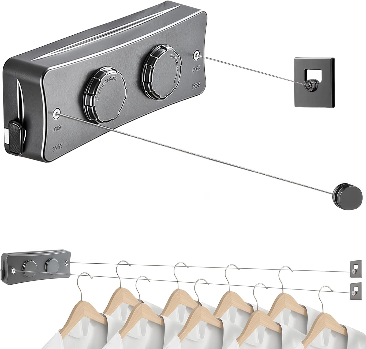 Corde à linge rétractable en acier inoxydable pour intérieur et extérieur avec 4 vis pour support de montage, 10 kg