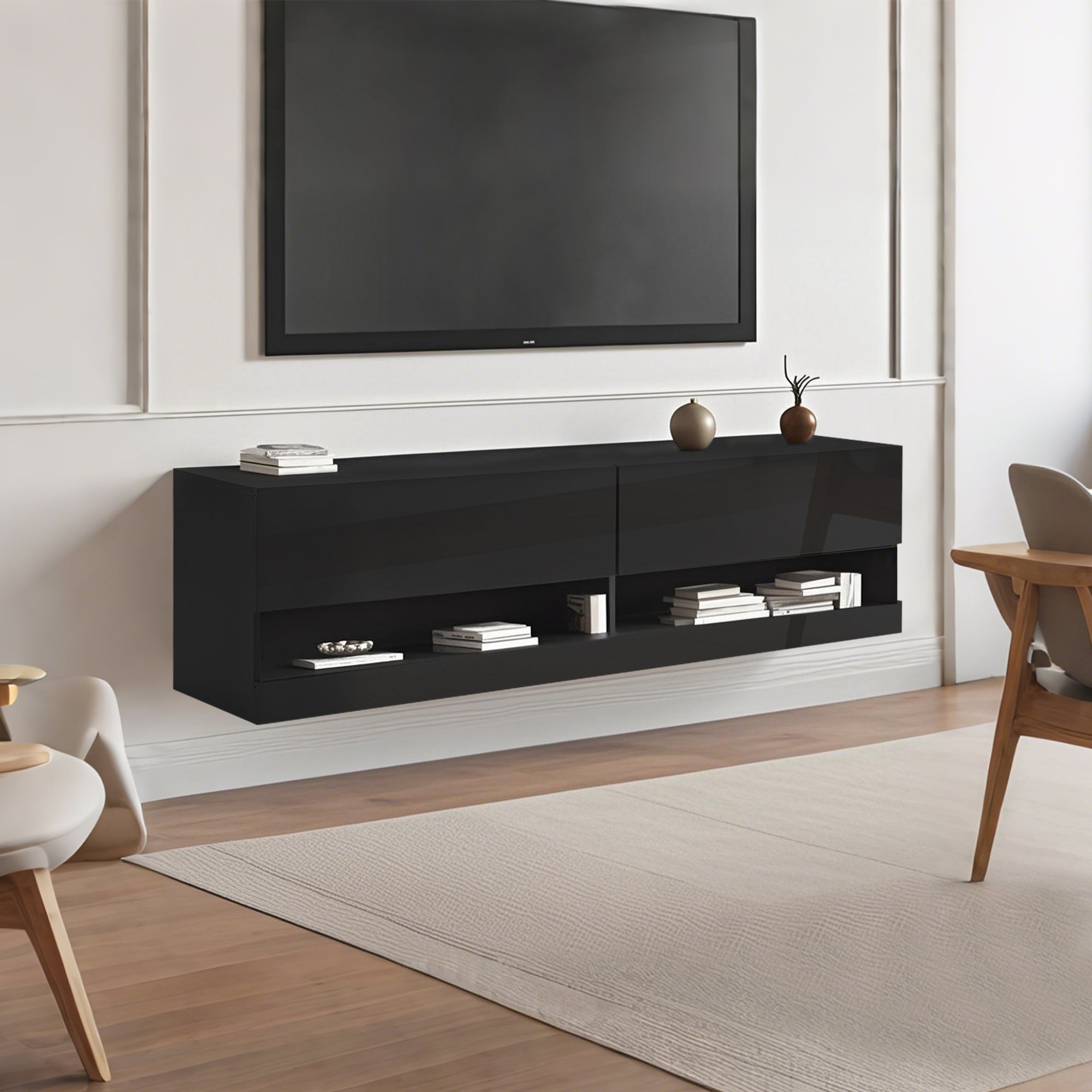 Stilvora  Mueble De Tv Con Iluminación, Regulable En 7 Colores, Soporte De Tv De Pared, 140X35x40 Cm, Tablero De Partículas Negro , Leroy Merlin