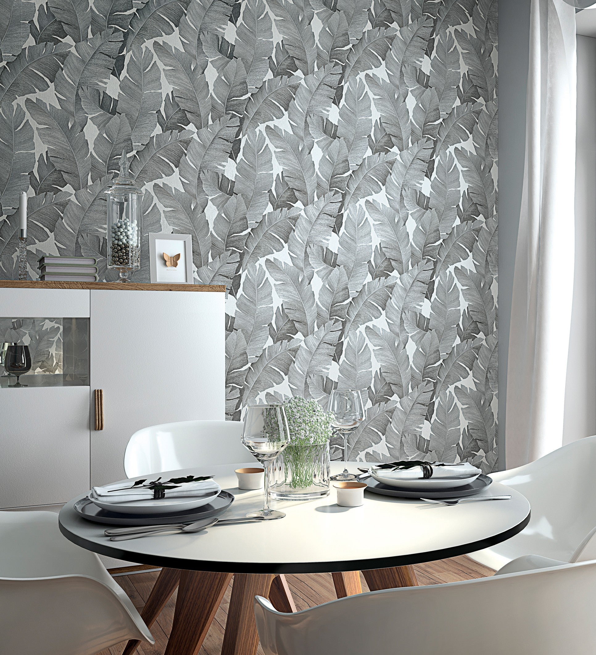 Papel pintado vinílico lavable de hojas grandes estilo tropical gris con relieve - florida palms 127658 de gaulan - rollo de 10 m x 0,53 m