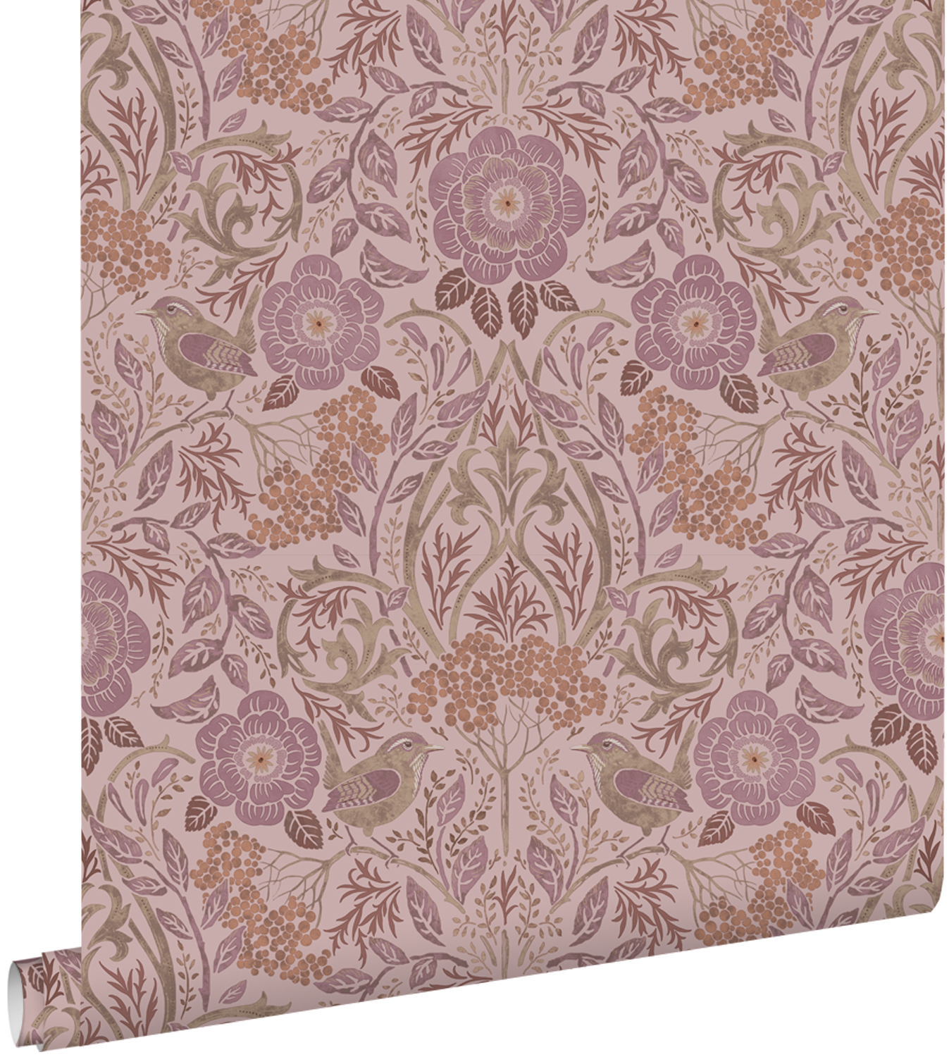 Papel pintado flores y pájaros rosa viejo y morado lila - 50 x 900 cm - estahome