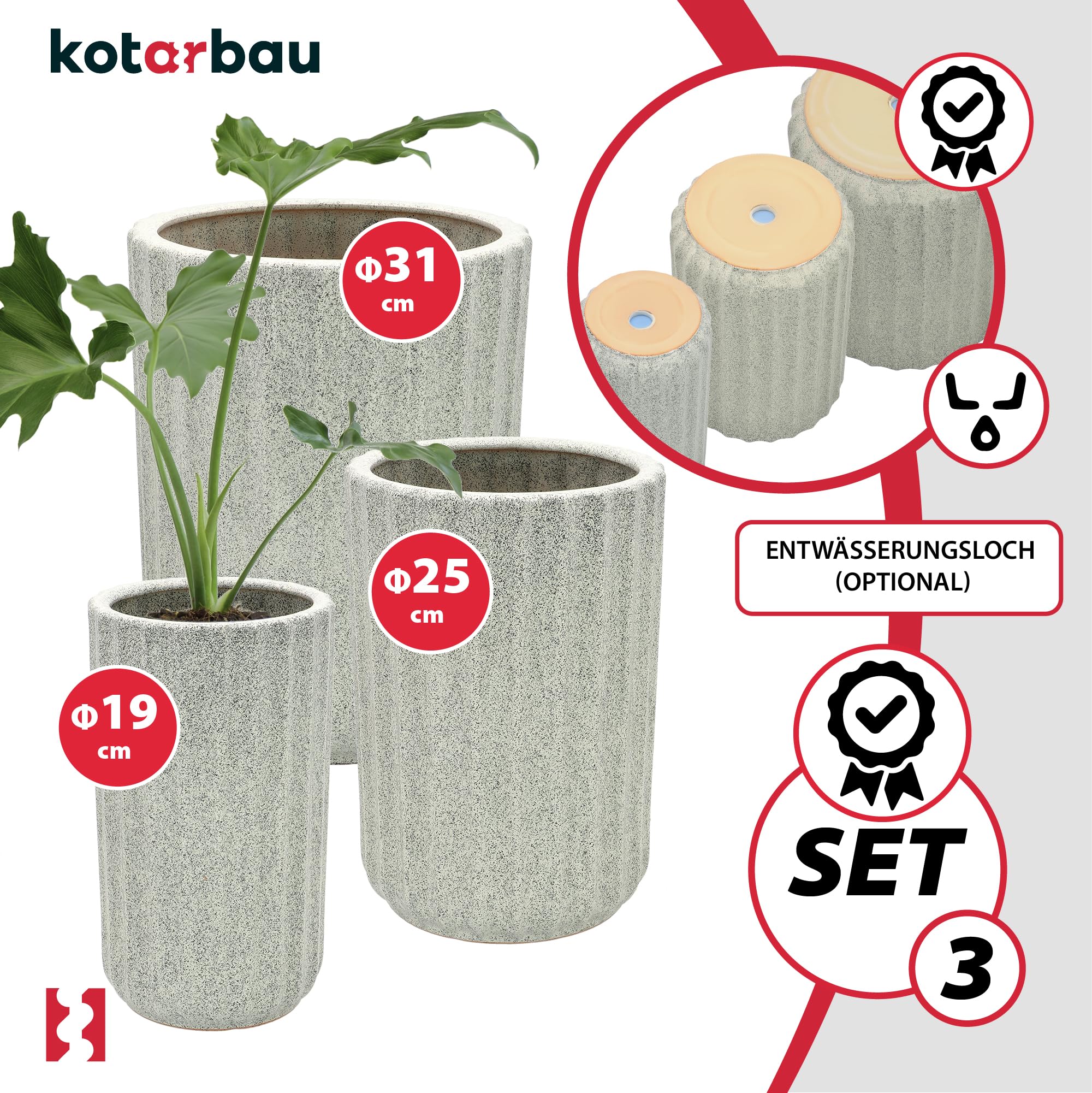Komplet 3x doniczka donica ceramiczna ogrodowa z odpływem na kwiaty rośliny - KOTARBAU - 5