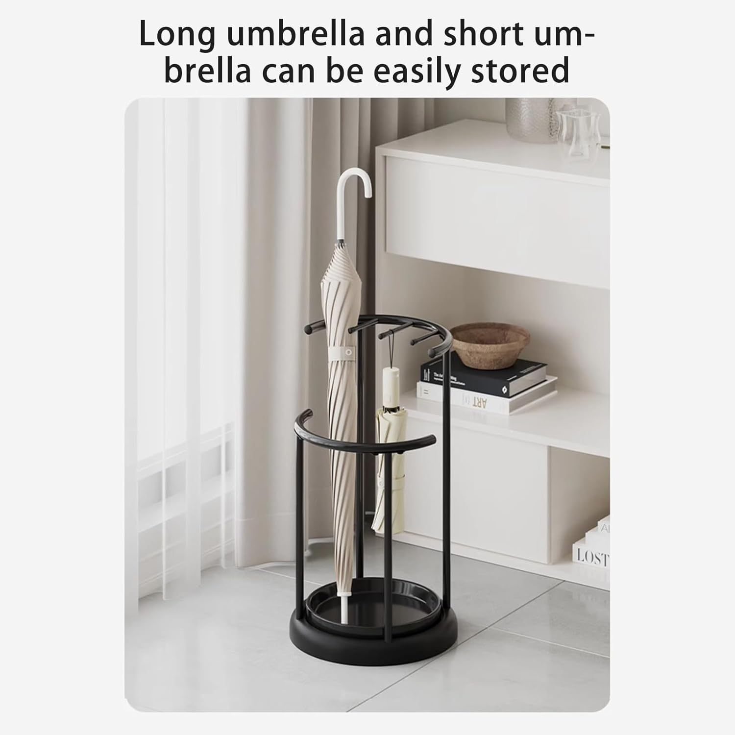 Porte-parapluie cylindrique en métal de grande capacité, seau à parapluie moderne avec cadre en métal, support de rangement pour parapluies (noir) - 4