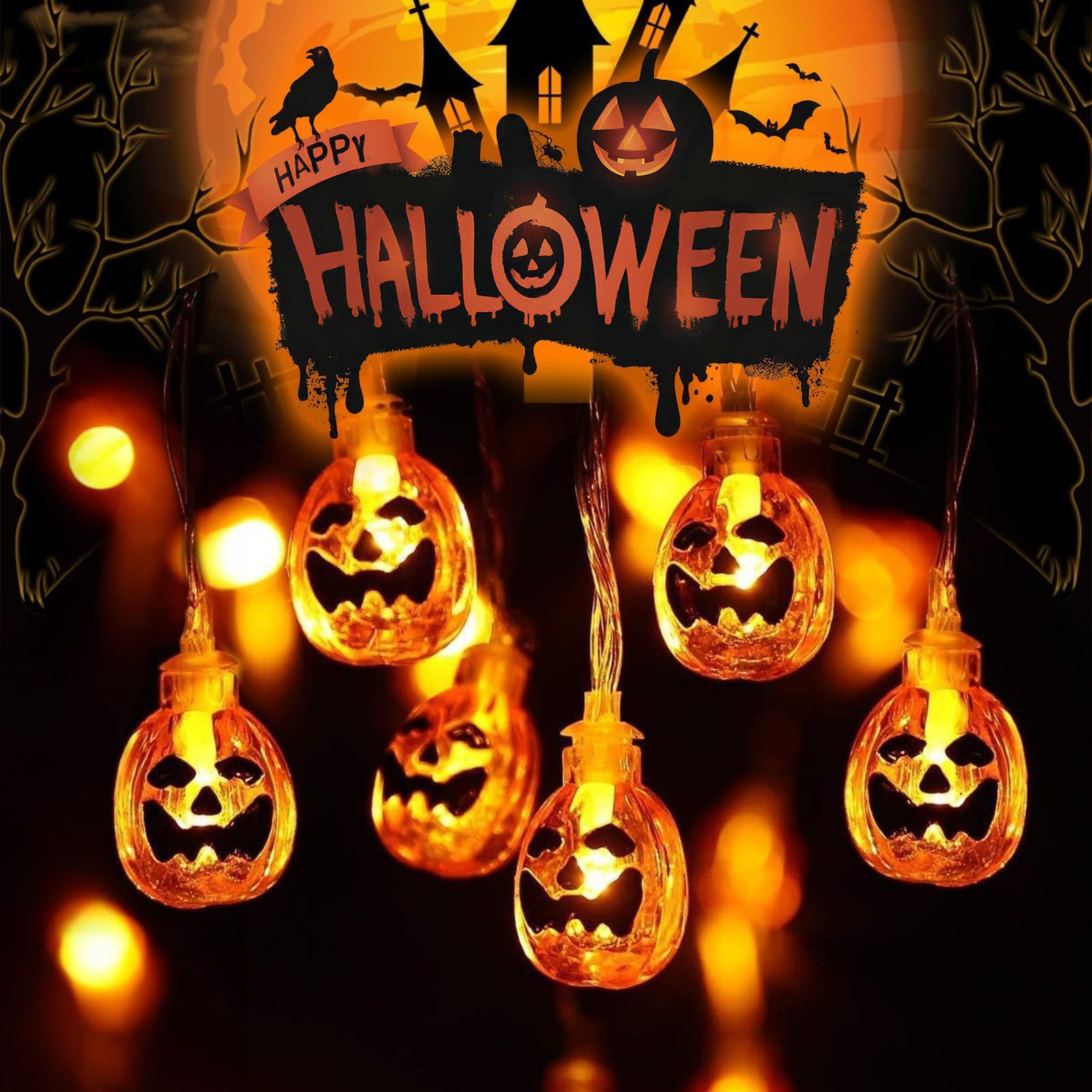 Światła na Halloween w kształcie dyni - 3-metrowy łańcuch świateł w kształcie dyni z 20 diodami LED - Światła na Halloween - Dekoracje na imprezę Hall