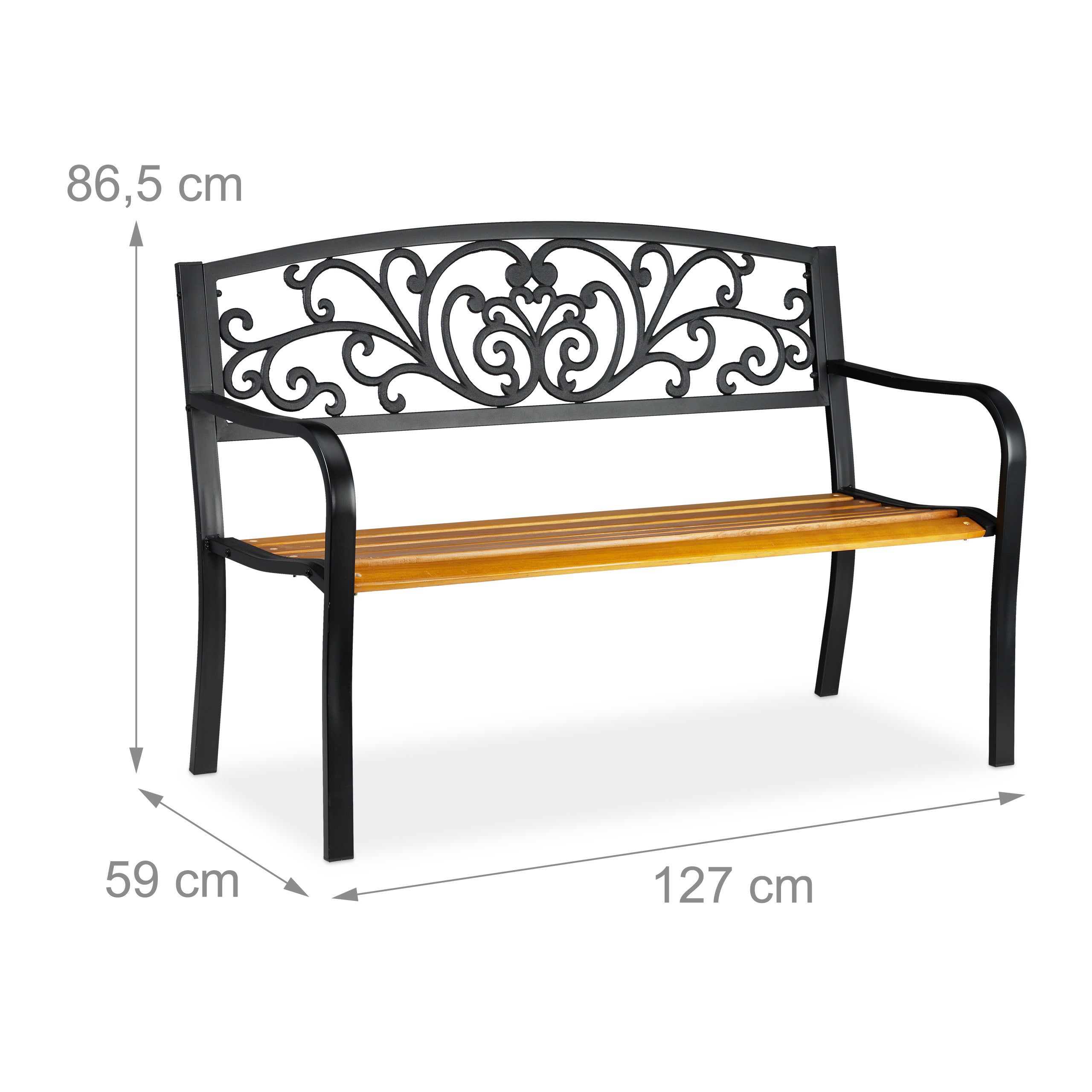 Banc de jardin, 2 sièges, balcon, terrasse, bois, métal, rustique, H x L x P : 86,5 x 127 x 59 cm, brun/noir, Relaxdays - 4