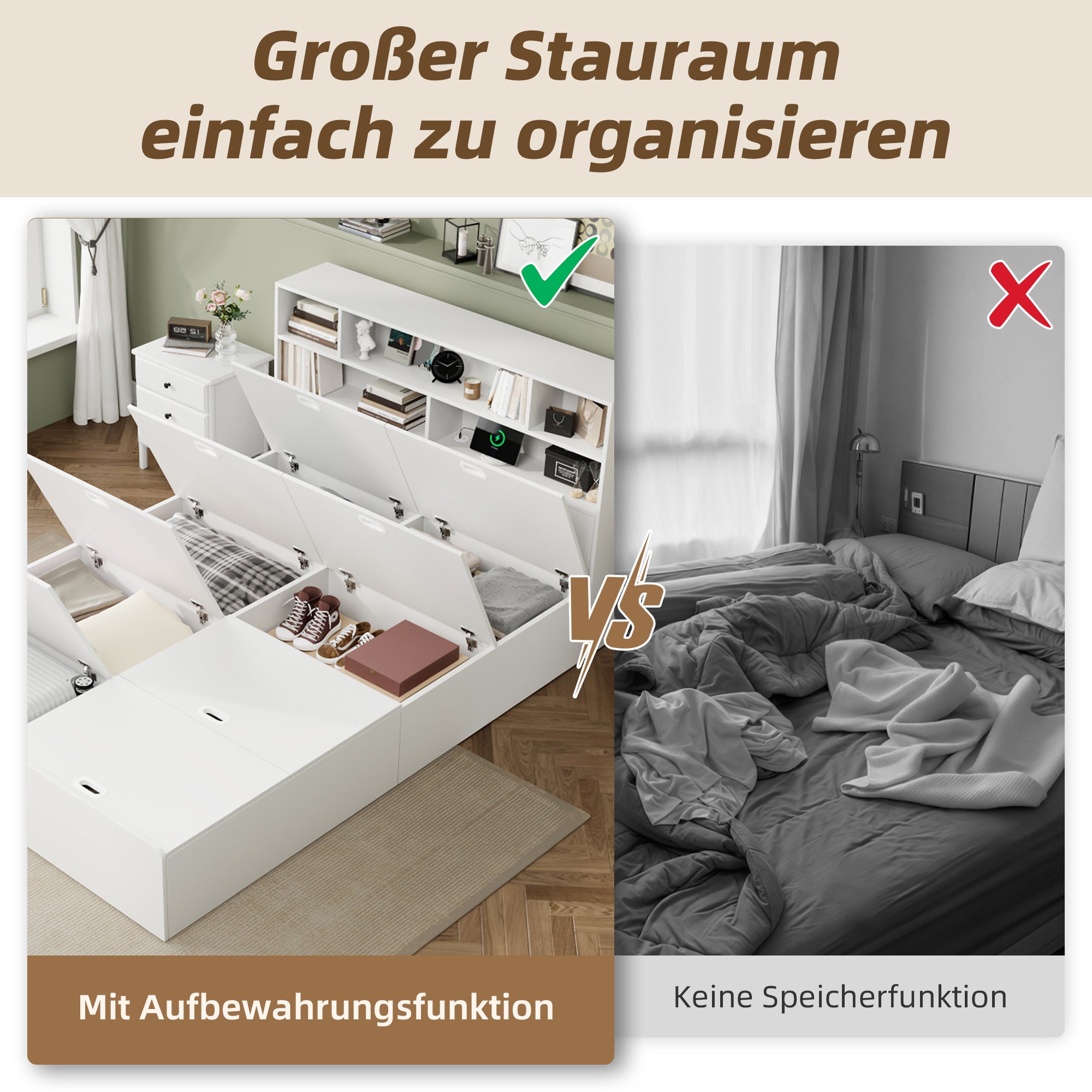 Lit coffre 140 x 200 avec tête de lit et compartiments de rangement- Charge USB - Bois MDF - Blanc (sans matelas) - 7