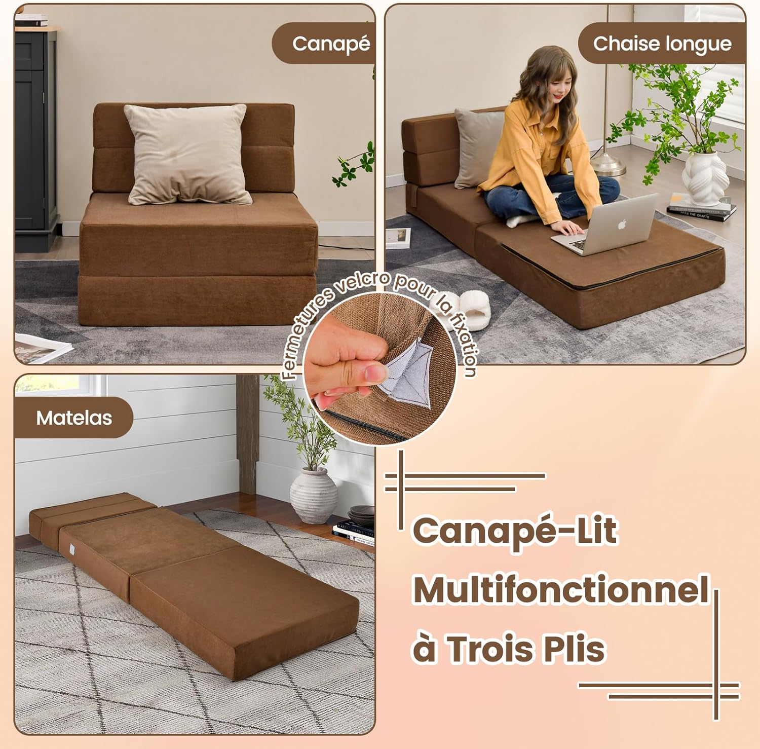 3 in 1 Divano Letto, Materasso da Pavimento 15 cm in Schiuma ad Alta Densità Traspirante, Letto Ospite Portatile per Soggiorno Camera (Marrone - 7