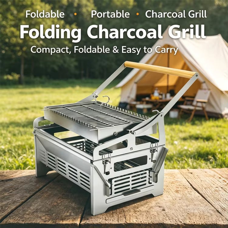 Barbecue charbon portable inox à rotation 360° démontable pour camping, pique-nique, jardin et réception extérieure - 6