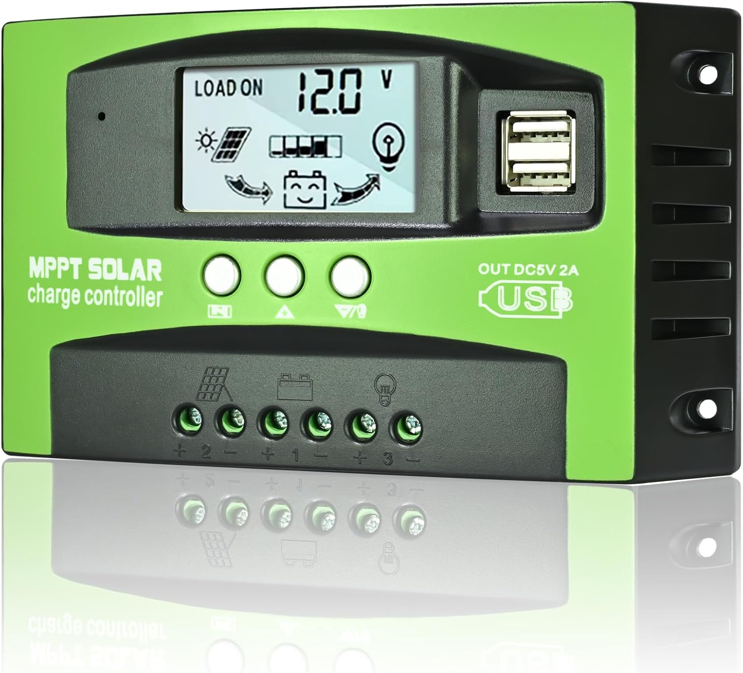 Regulator ładowania słonecznego MPPT 4A, regulator panelu słonecznego z automatycznym śledzeniem 12 V/24 V, wyświetlacz LCD, dwa porty USB (zielony)