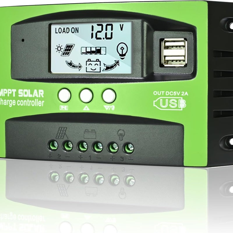 Regulator ładowania słonecznego MPPT 4A, regulator panelu słonecznego z automatycznym śledzeniem 12 V/24 V, wyświetlacz LCD, dwa porty USB (zielony)