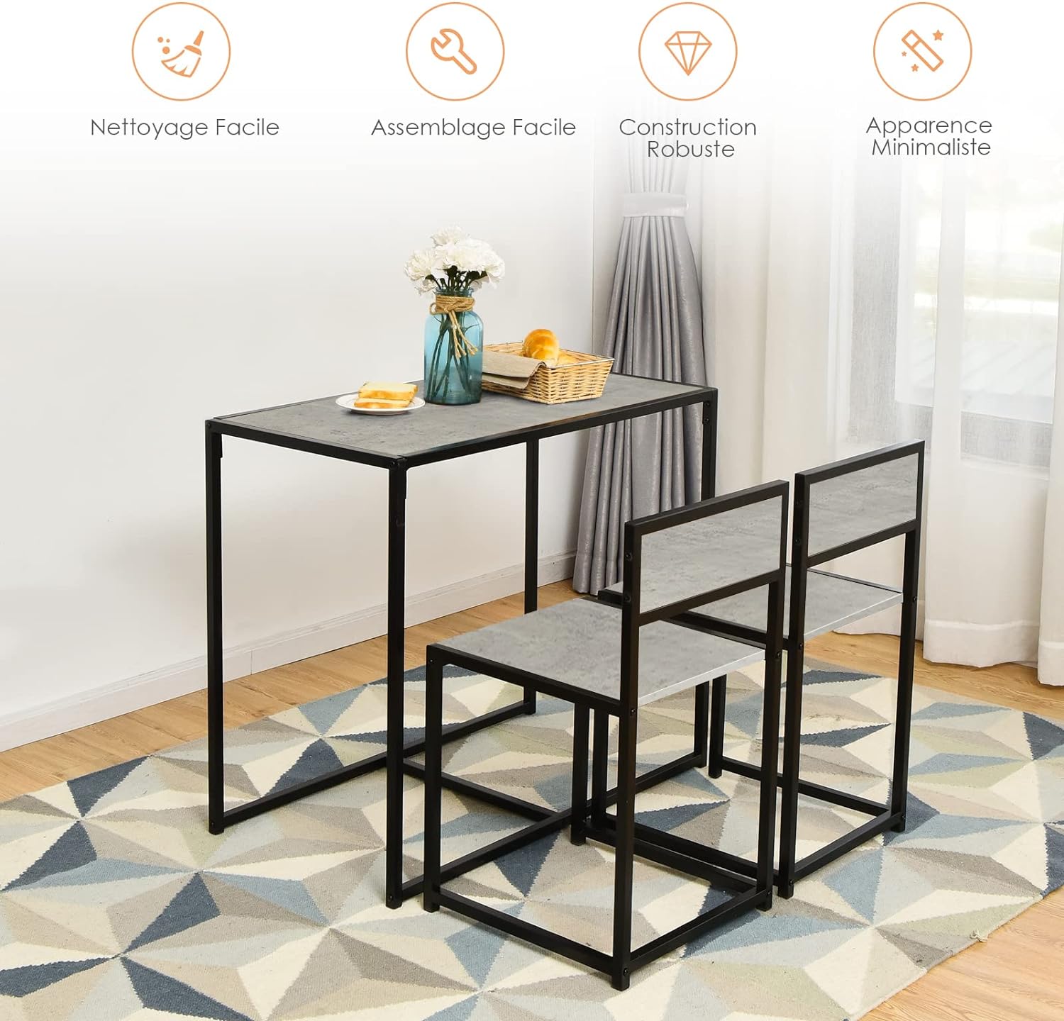 Ensemble de Table et Chaises Compacte et Antiderapante avec Cadre en Metal, Table avec 2 Chaises Robuste et Pratique, Style Retro Ideal (Gris) - 8