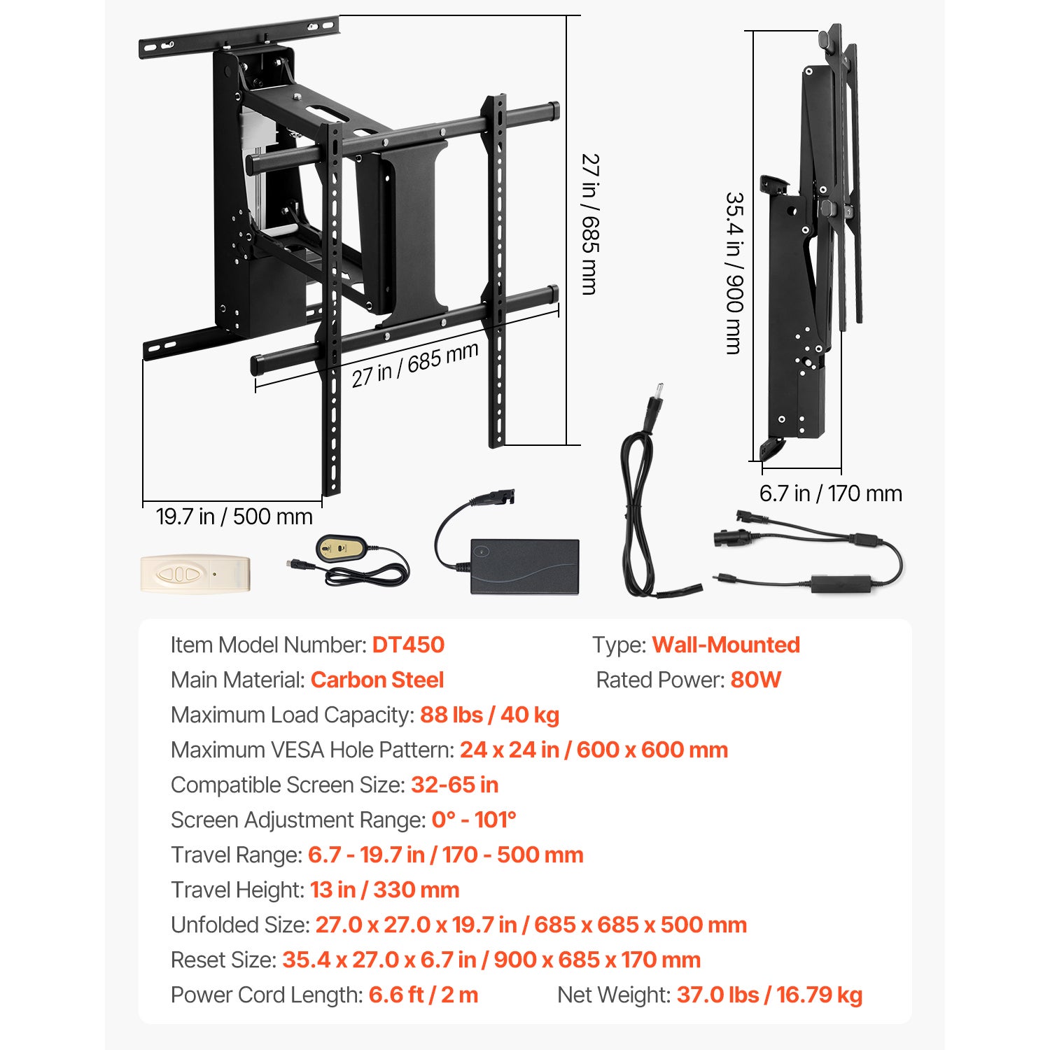 Support TV Mural Motorisé SucceBuy 813-1651 mm, Support Rabattable Réglable avec VESA 600 x 600 mm, Capacité 40 kg - 9