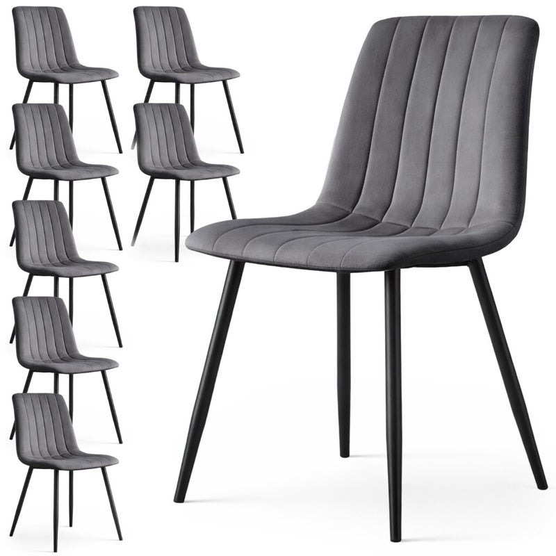 8x Welurowe krzesło tapicerowane pikowane Ciemny Grafit LIVO Czarne nogi