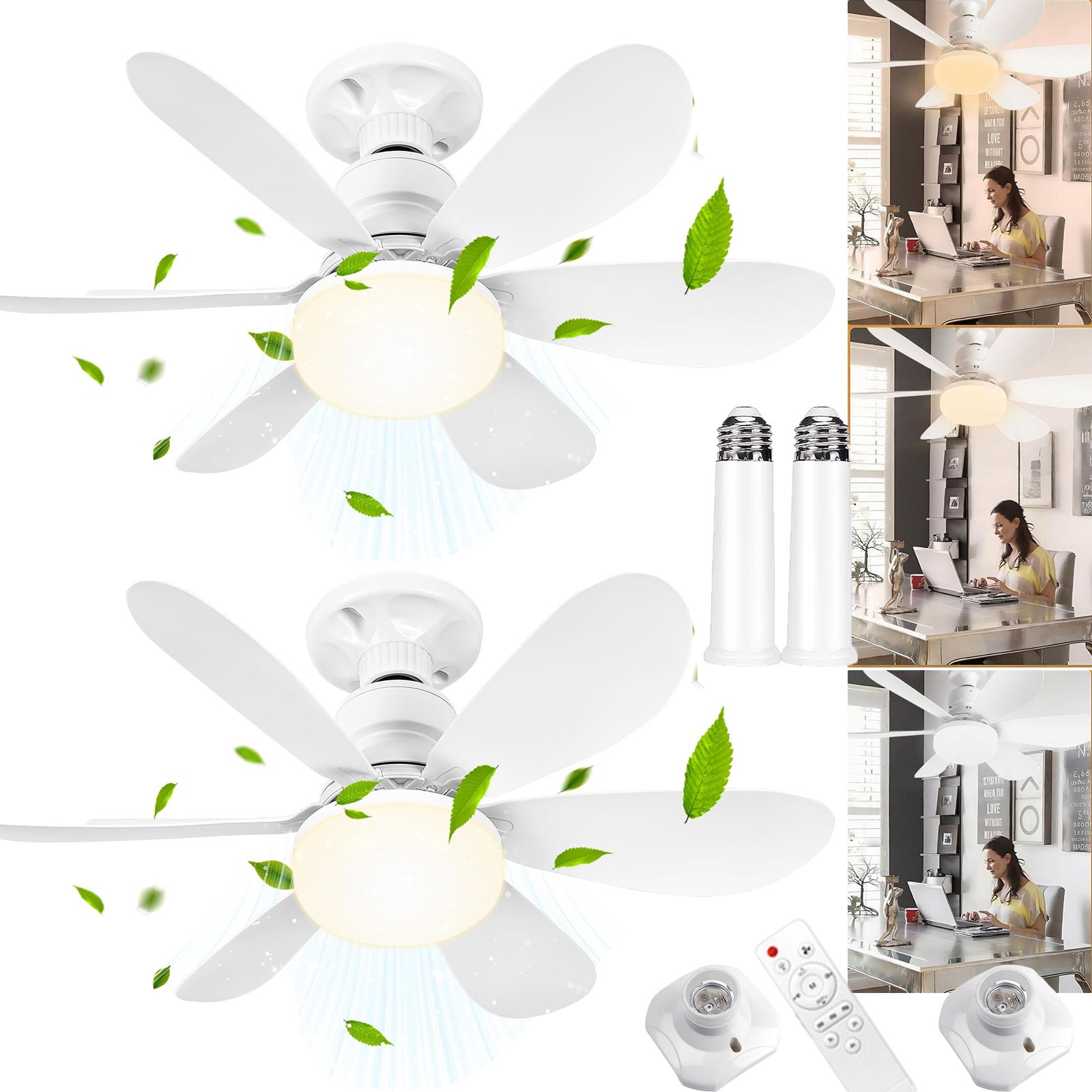 2 szt. Wentylator sufitowy LED z prętem przedłużającym i podstawą E27, 3000-6500K, 6 łopatek, 3 prędkości, timer, 100-240V, 52*18.5cm, biały