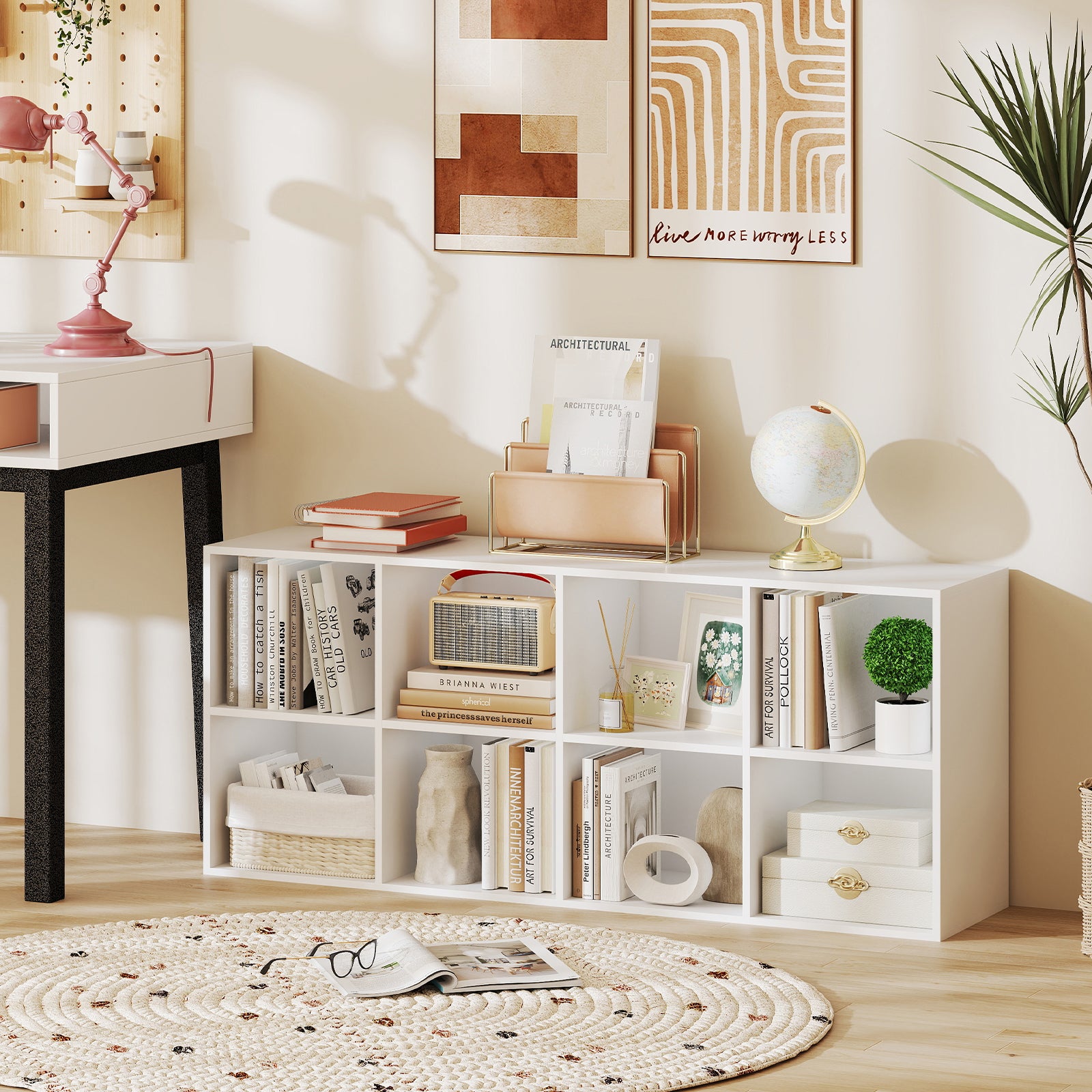 Bibliothèque d'Exposition à 2 Niveaux, Étagère de Rangement Autoportante Antibasculement, Meuble de Rangement pour Bureau & Chambre, Blanc - 7