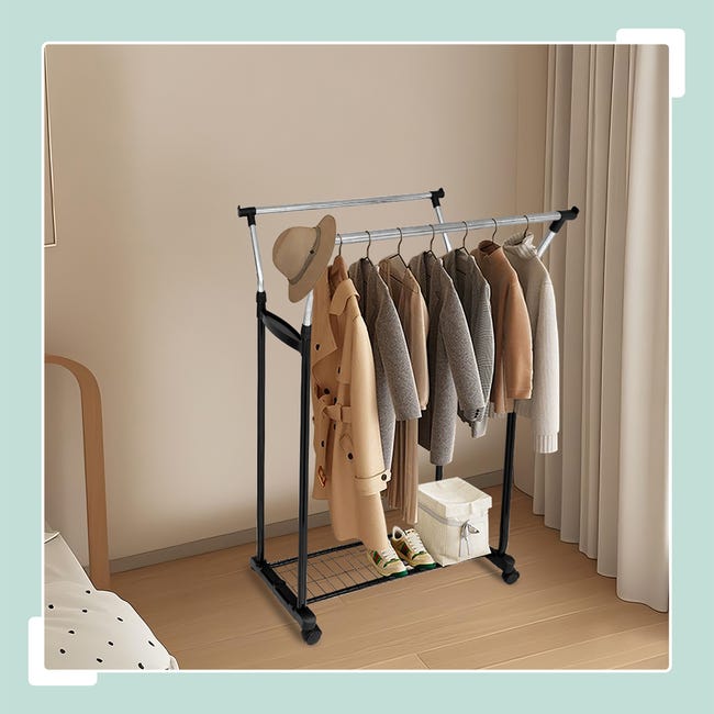 Sweetcrispy Appendiabiti A Rullo In Metallo – 3 Ripiani Regolabili, Aste Per Appendere, Ganci Laterali, Ruote Bloccabili, 45x110x203 Cm