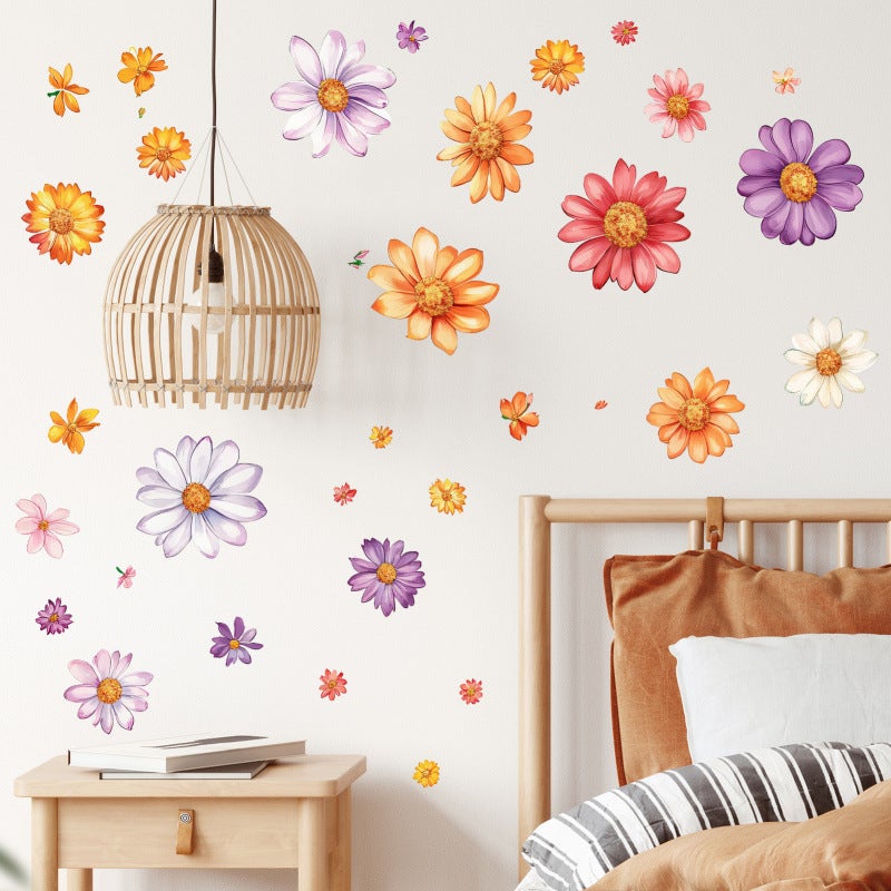 Naklejki ścienne w stylu boho, dekoracja ścienna z dużymi stokrotkami i kolorowymi kwiatami w stylu boho, naklejka ścienna do pokoju dziecięcego, salo