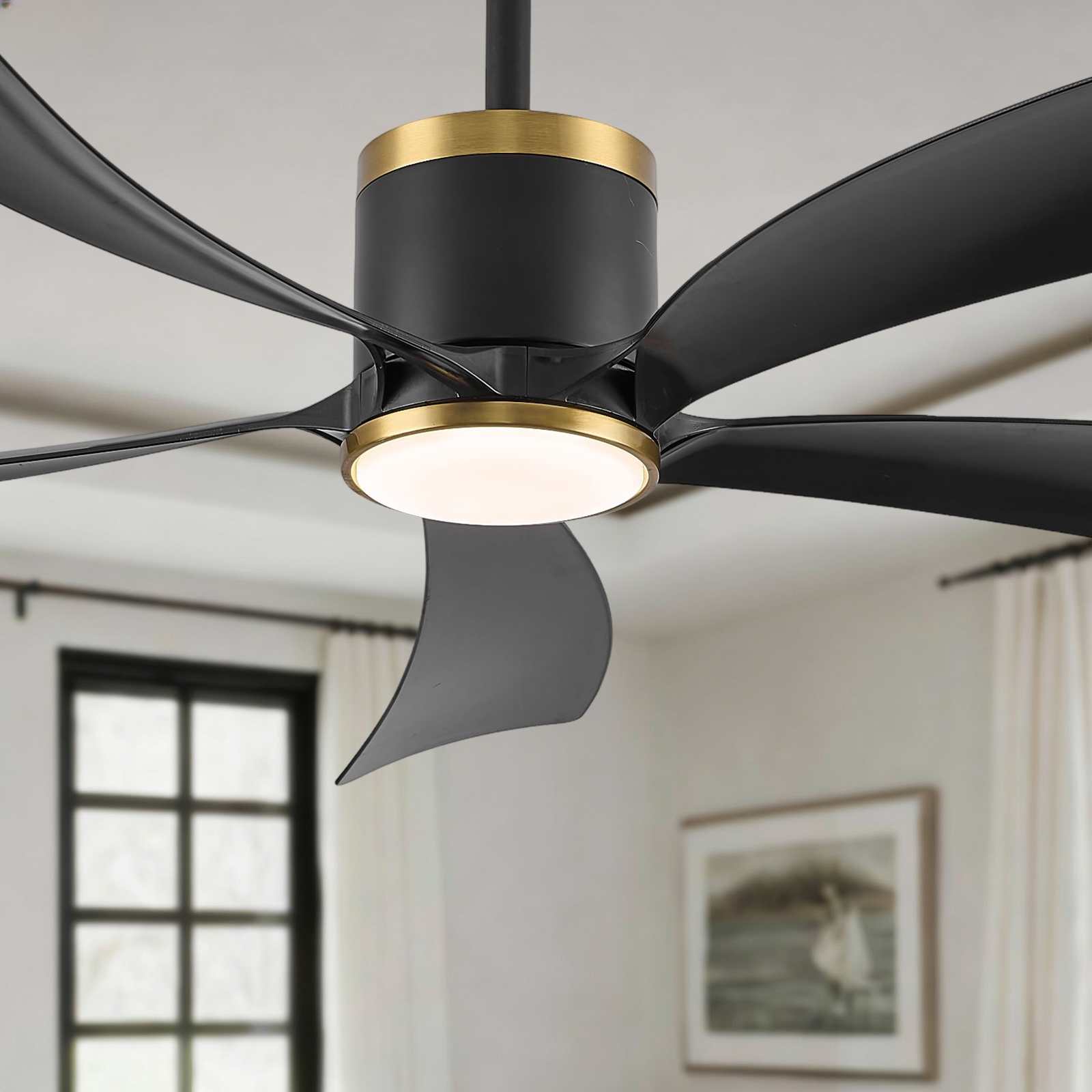 Ventilateur de plafond 52'' LED 20W dimmable, 5 pales ABS noires, APP, 6 vitesses, réversible, anneau doré, salon chambre - 5