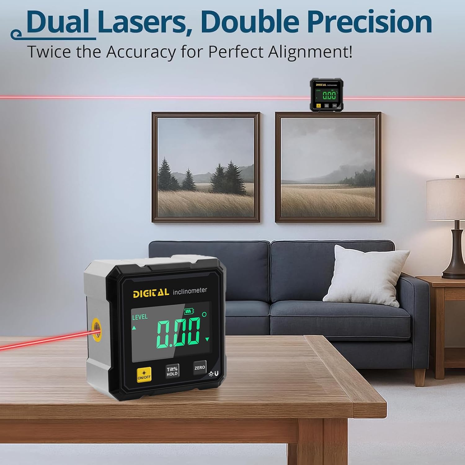 Jauge d'angle numérique magnétique avec double niveau laser, détecteur d'angle numérique LED rechargeable 3 en 1 ± 0,1° haute précision, affichage LED, 4 × 90 °/2 × 180 ° pour le travail du bois