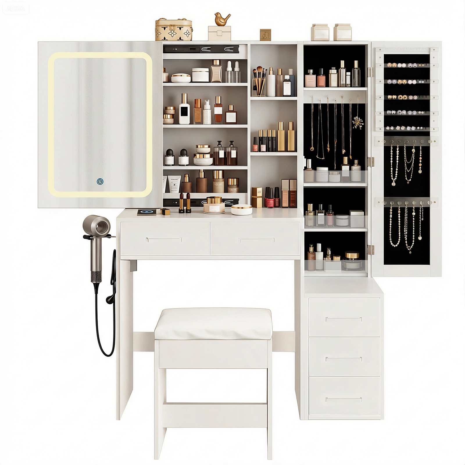 Coiffeuse multifonction avec miroir LED coulissant, rangement bijoux intégré, 5 tiroirs et tabouret rembourré - 7