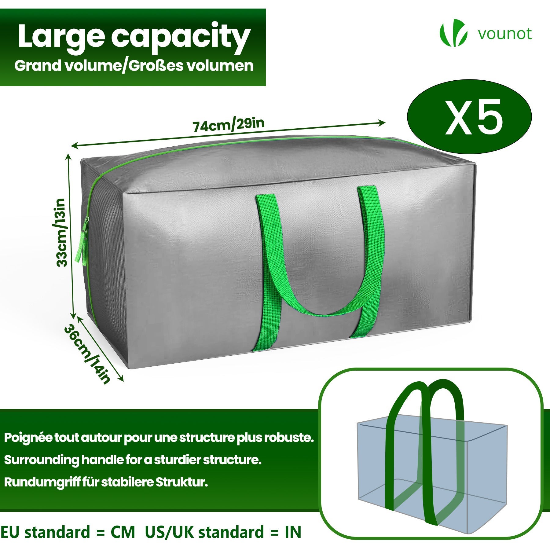 Lot de 5 sacs de déménagement grand format - sacs de rangement avec sangles de sac à dos et poignée - gris - VOUNOT® - 3