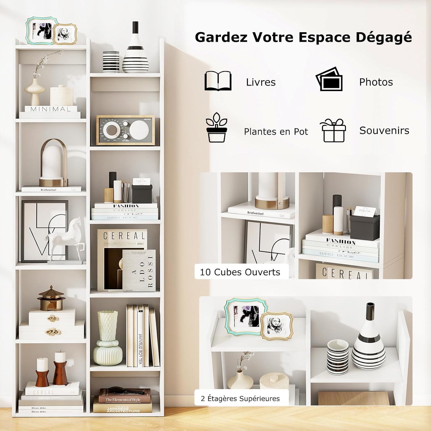 Librerías 160 cm con 12 Cubos, Estanteria Blanca Gran Capacidad con Kit Antivuelco, Estantería de Exhibición de Madera, Mueble Organizador, pa - 7