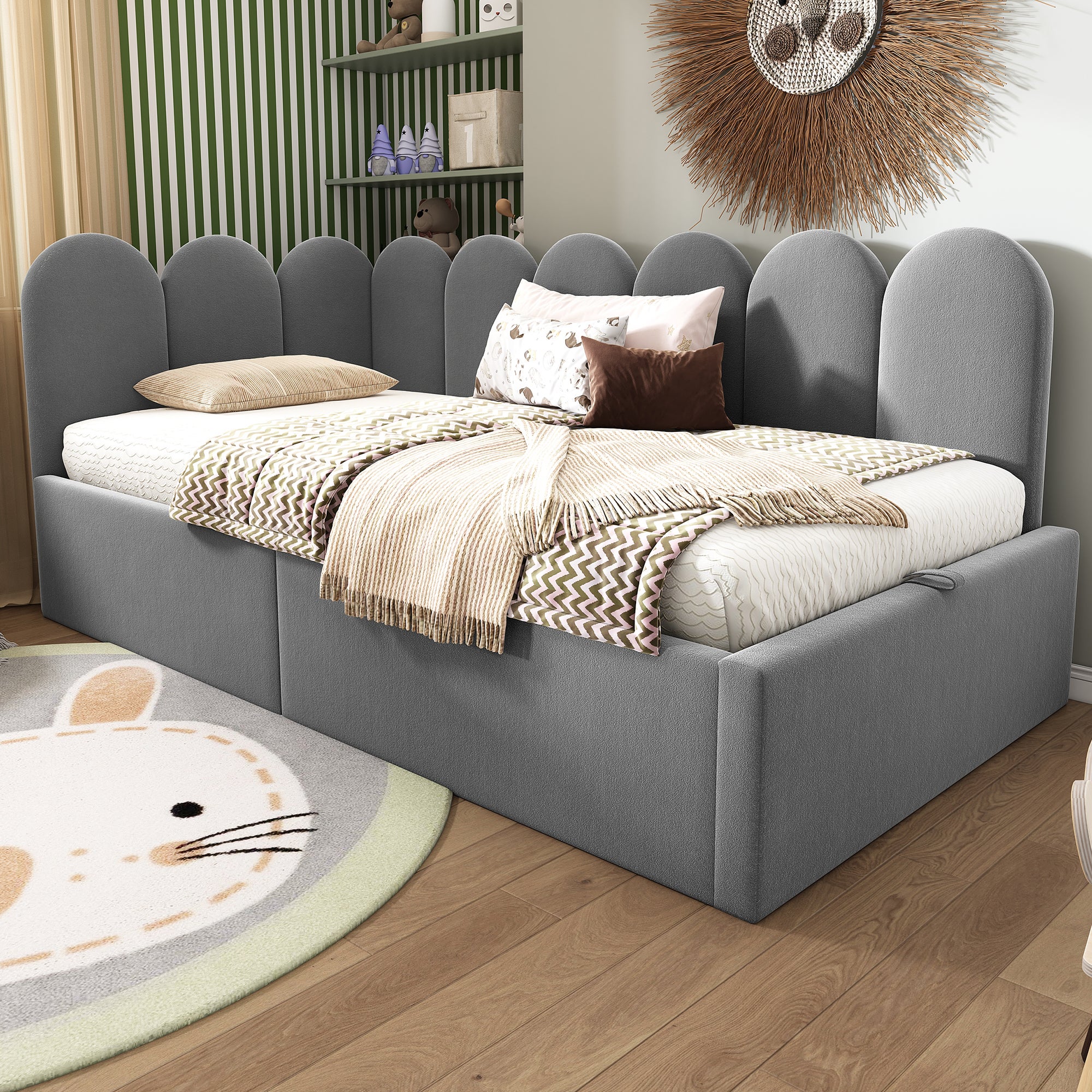 Rozkładana sofa 90 x 190 cm, z hydraulicznym schowkiem, metalowa, aksamitna, szara - 2